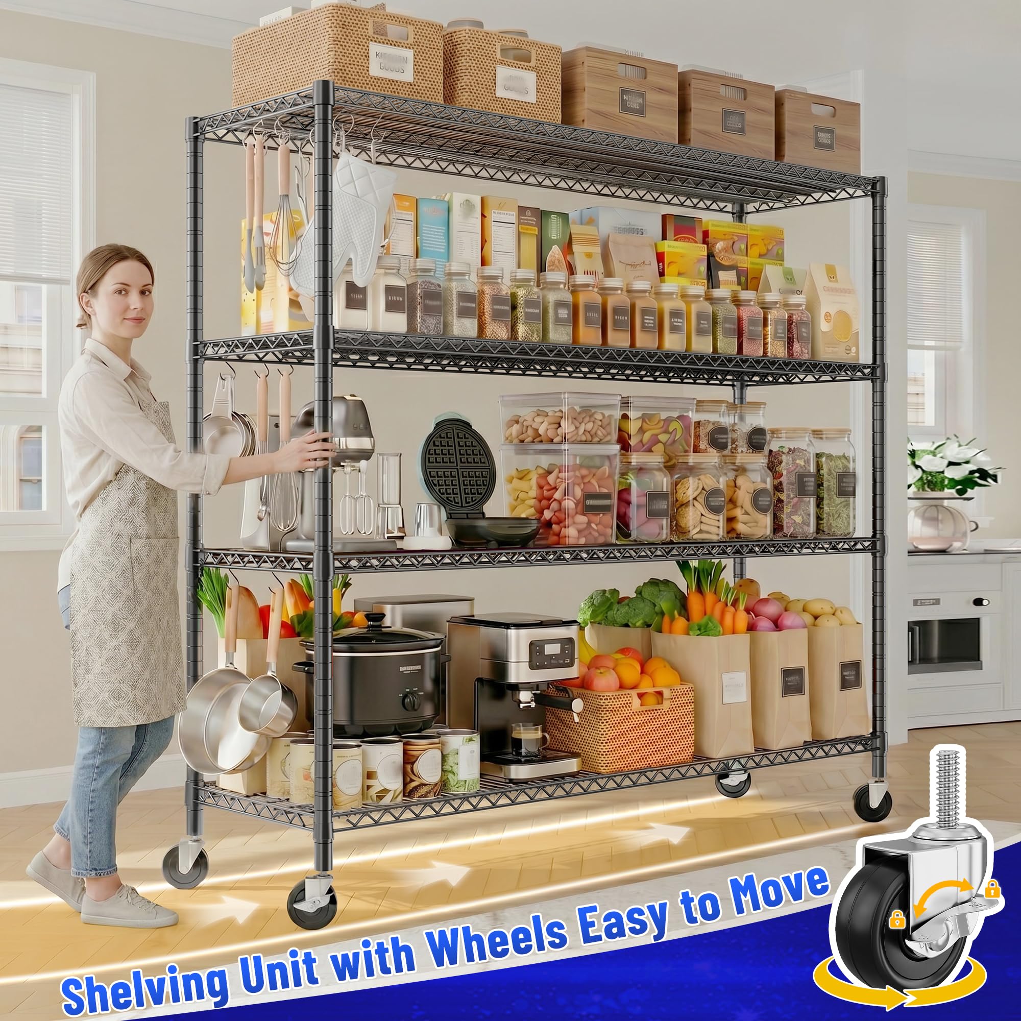 55.52''W Storage Shelves 2480LBS Wire Shelving Unit with Wheels Heavy Duty Metal Shelves for Storage Adjustable Garage Storage Rack Kitchen Shelving (4 Count)