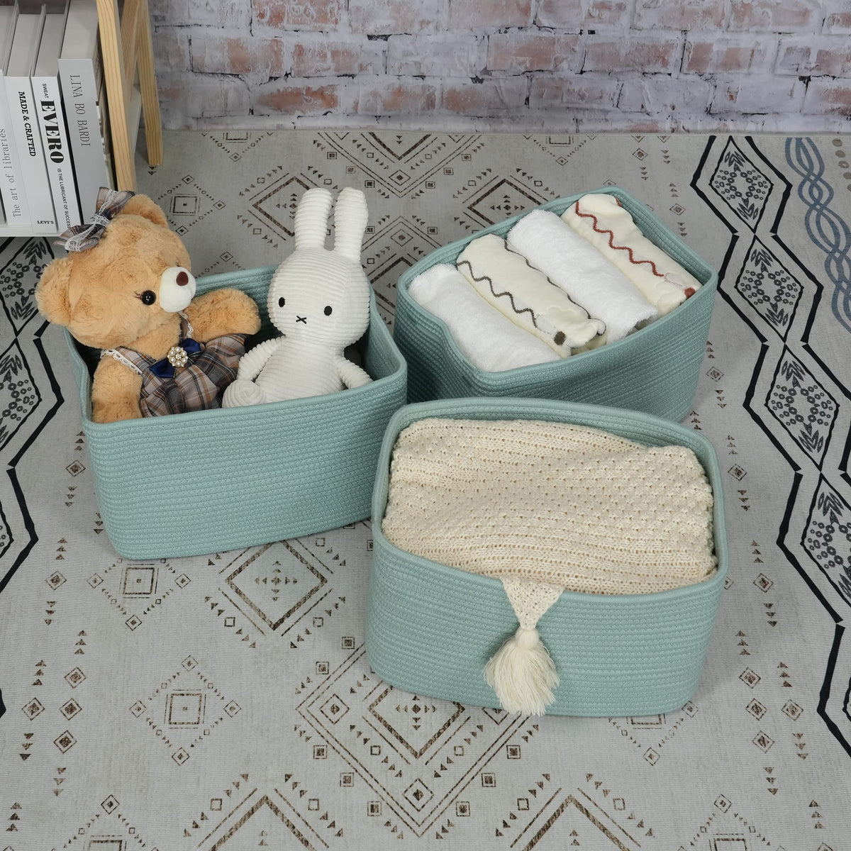 Woven Cotton Rope Storage Baskets 15x10x9.3" 3 Pack Green