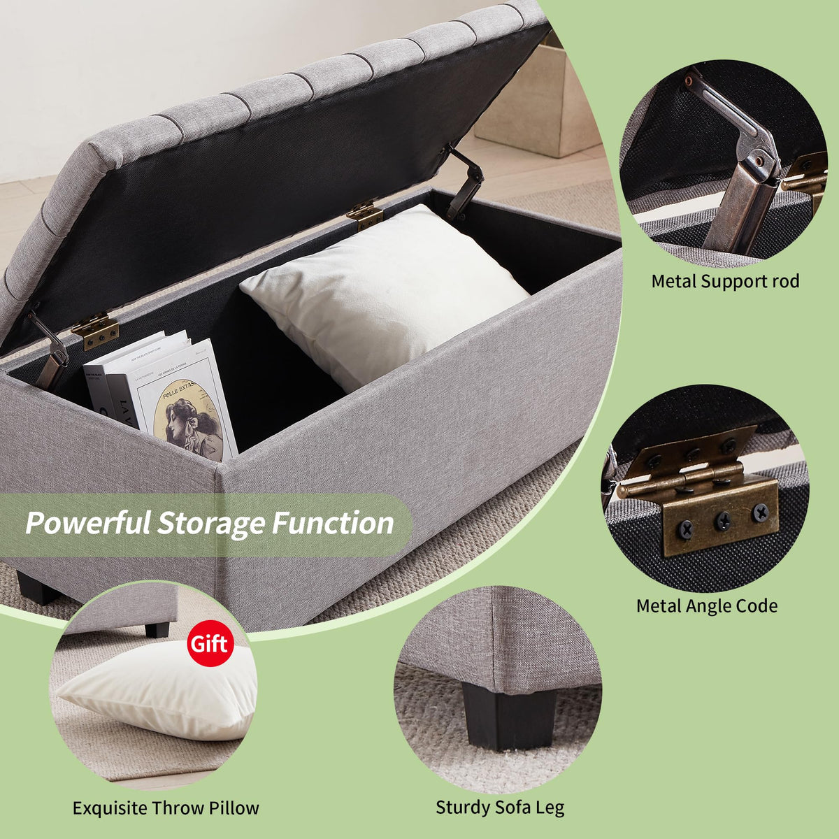 Large Soft Gray Fabric 38 Inch Storage Bench with Hinged Lid and Foot Rest