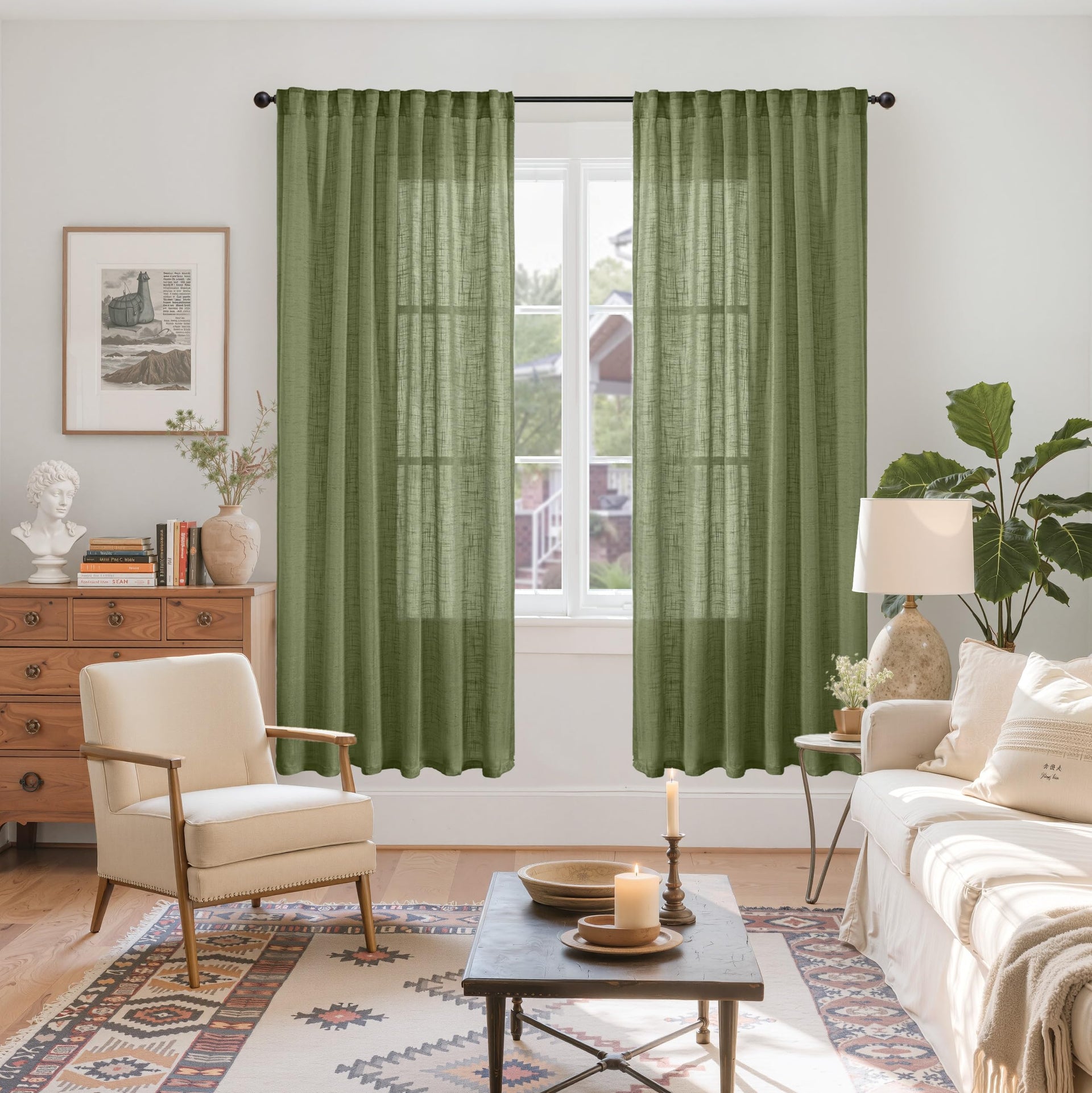Olive Green Linen Semi Sheer Curtains 72 Inch Length (2 Count)