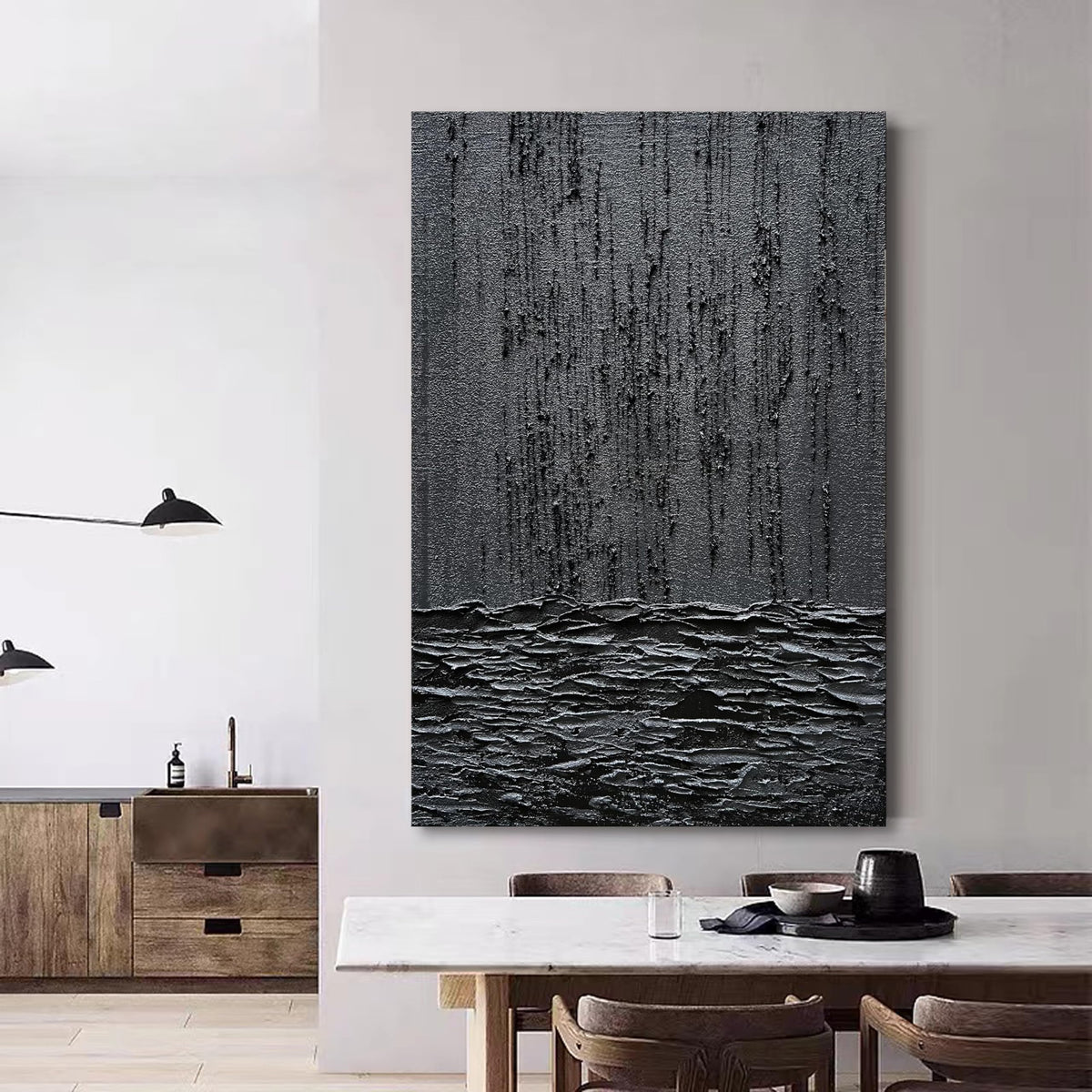 Art Hand Painted Thick Texture Black Minimalist Oil Painting 45x30 Inch Wall Decorative Art