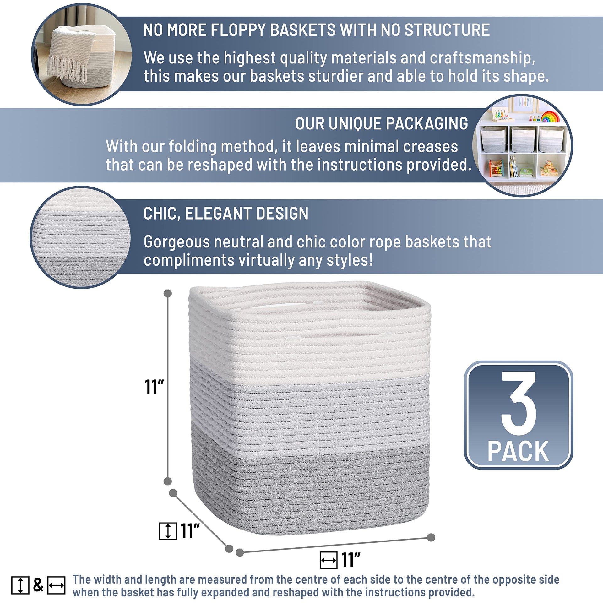 Storage Cubes 11 Inch Cotton Rope Woven Baskets for Organizing (3 Count)