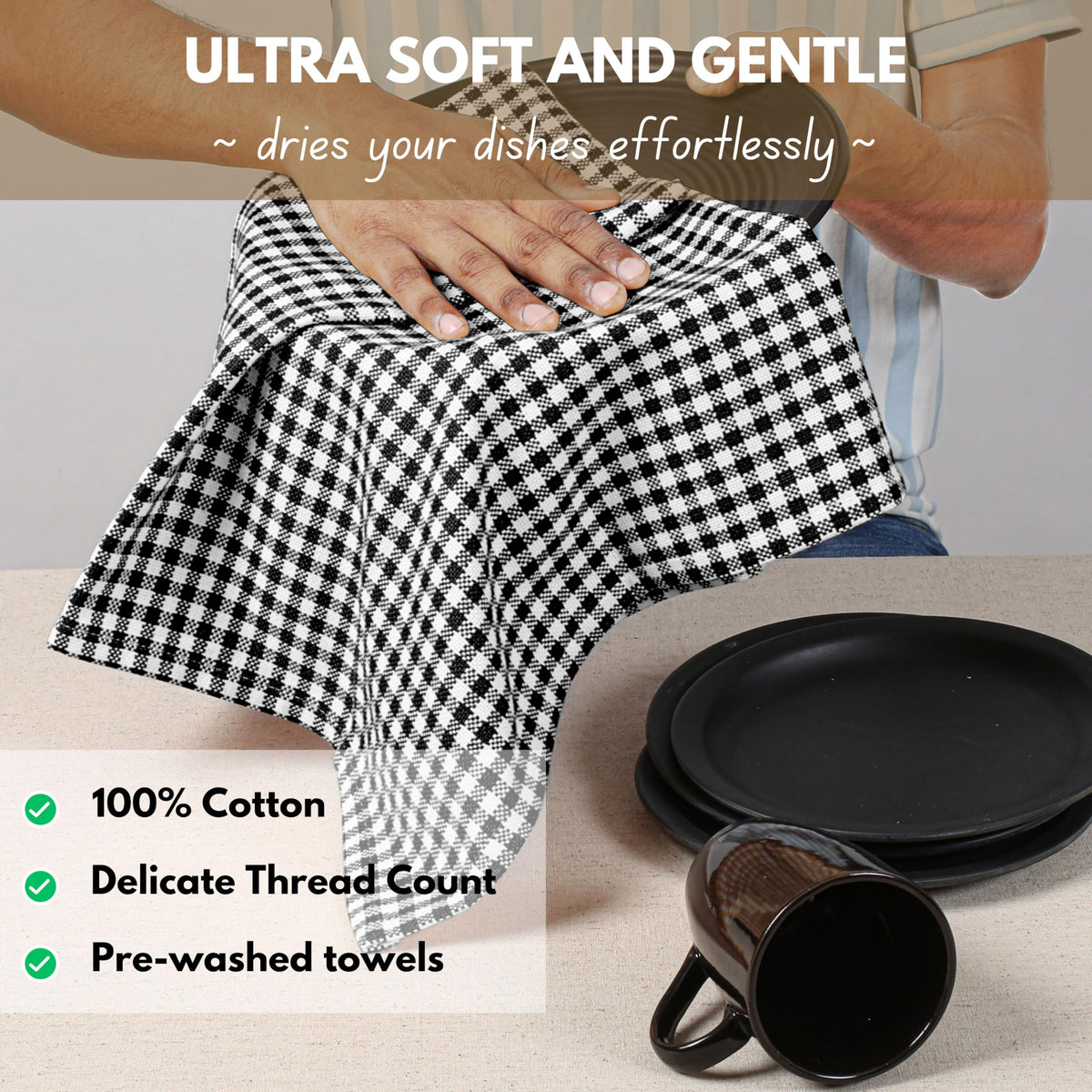 6 Pack Gingham Mini Check Kitchen Hand Towels Set (6 Count)