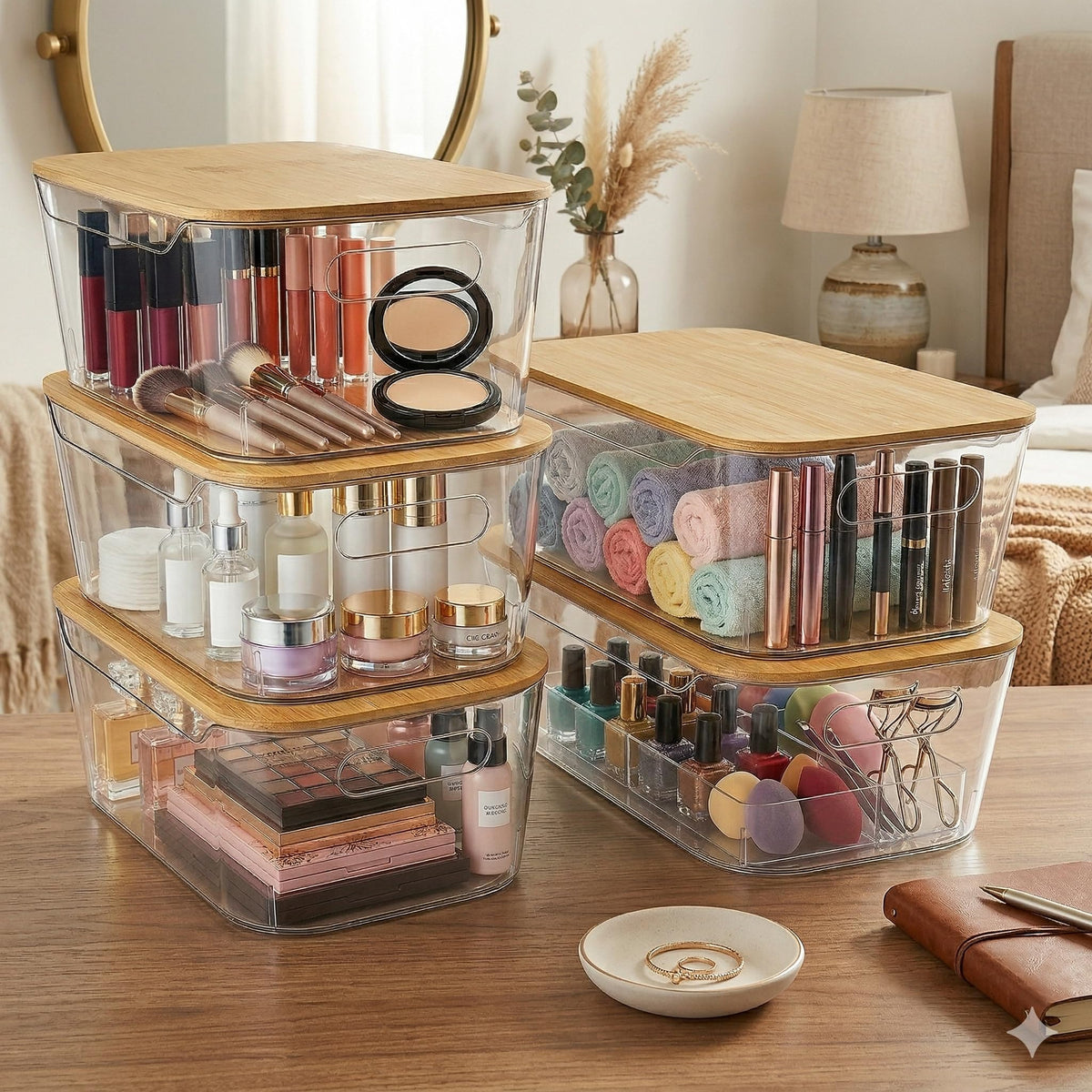 6 Pack Clear Stackable Storage Bins with Bamboo Lids (6 Count)