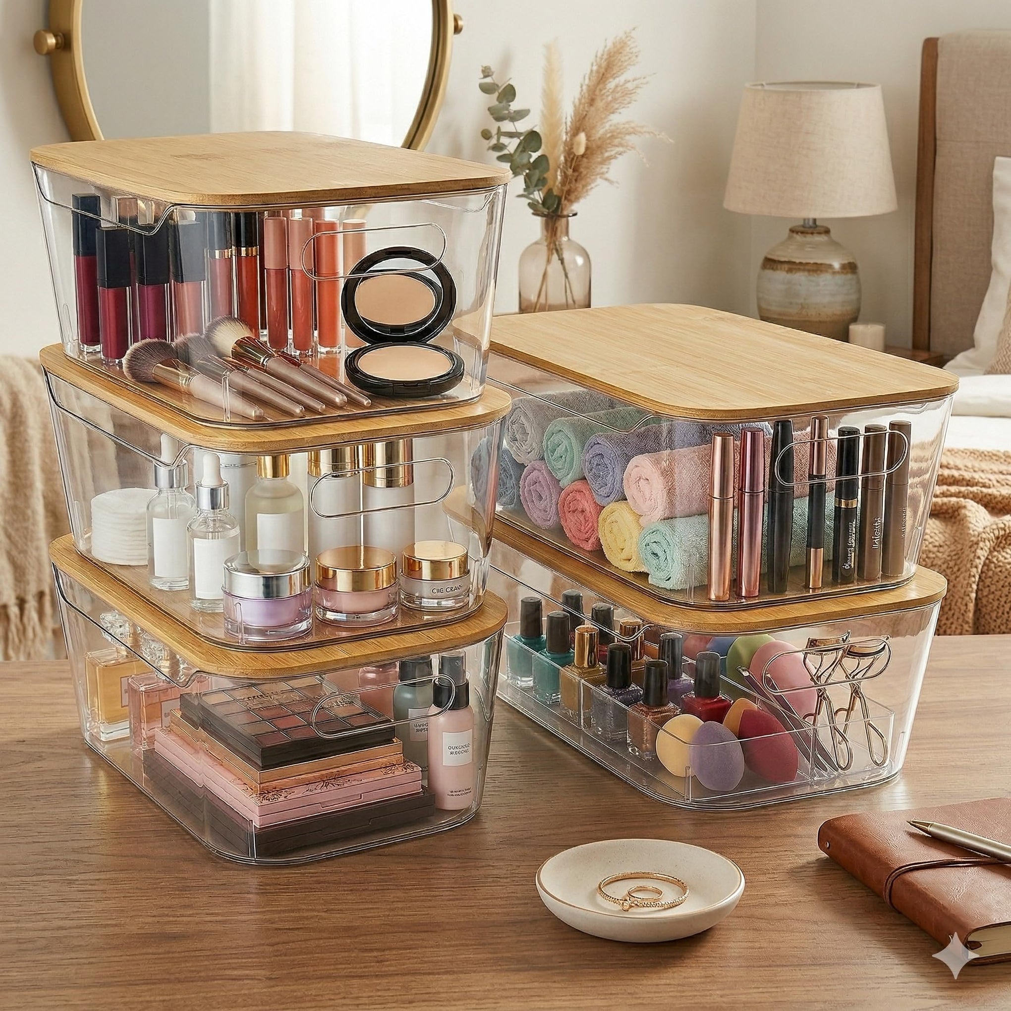 6 Pack Clear Stackable Storage Bins with Bamboo Lids (6 Count)