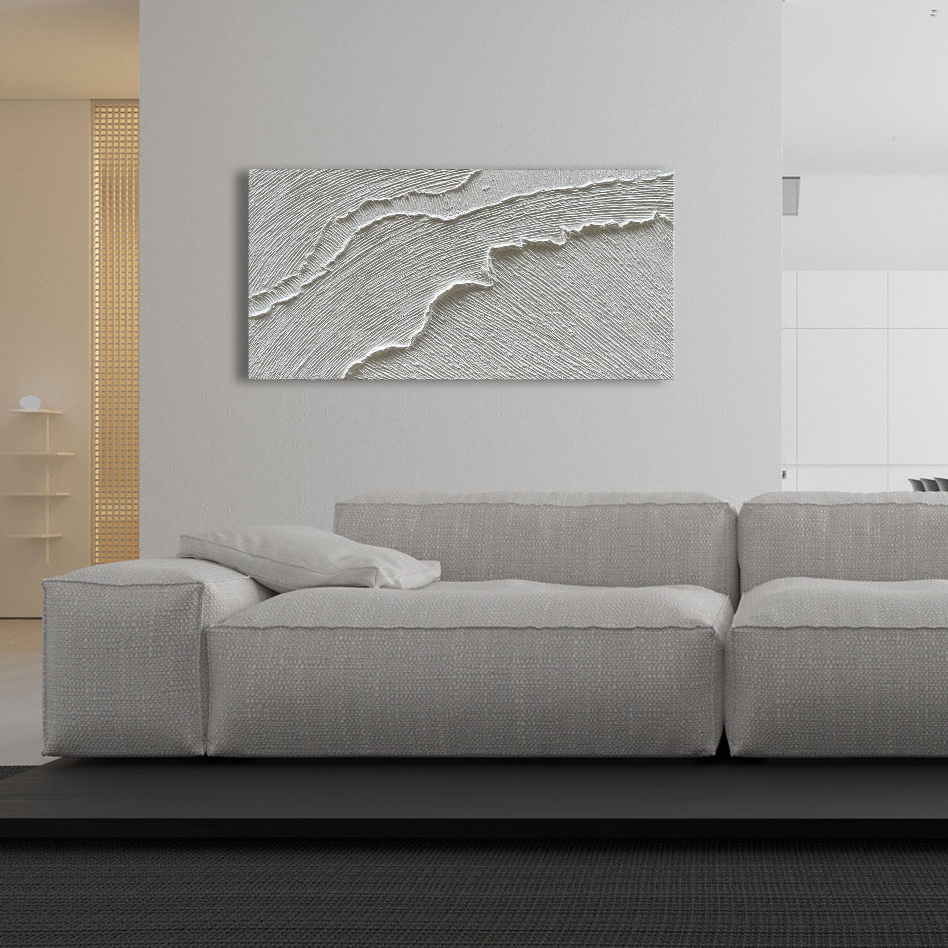Art A thickly Textured White Abstract Oil Painting Depicting a Beach Wave Landscape. Artwork Suitable for Decorating The Interior Wall as a Decorative Piece 24x48 inches