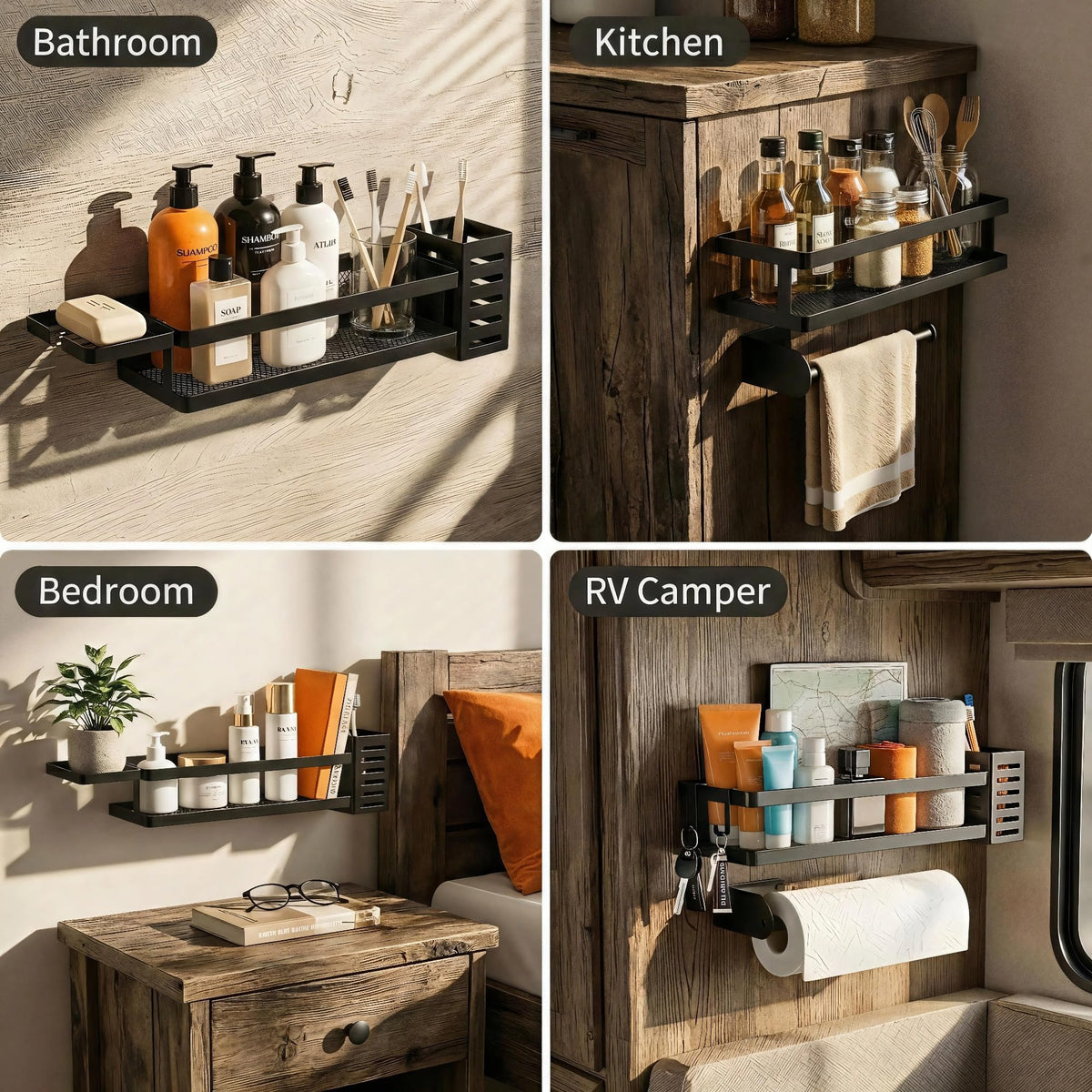 5-in-1 Shower Caddy & Kitchen Organizer Set, Wall Mount Wide Spice Rack with Paper Towel Holder, Utensil Holder, Soap Dish, Rustproof Mesh Baskets Hold 50LBS - Matte Black, Guardrail