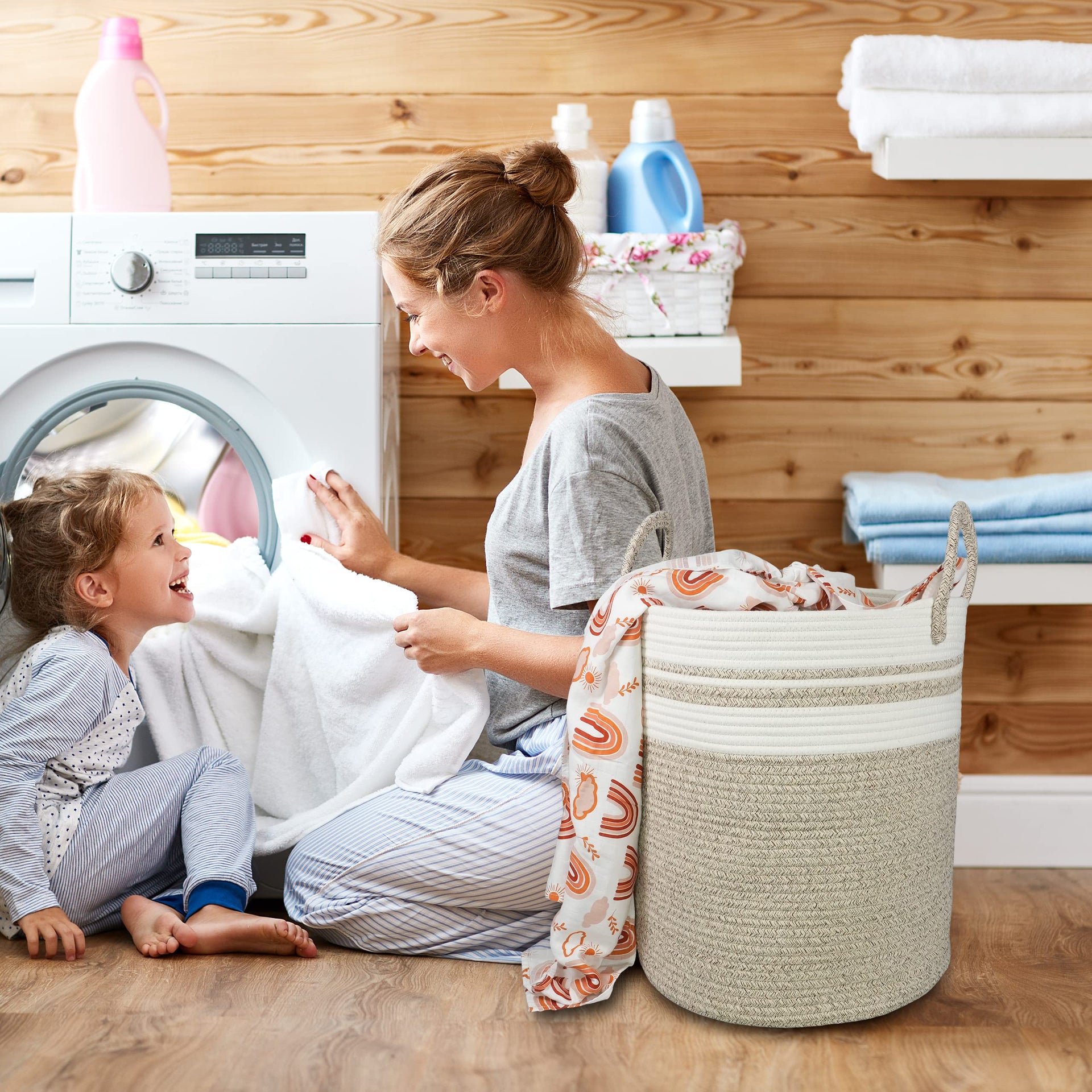 Cotton Rope Laundry Basket Hamper for Clothes Large Brown and White