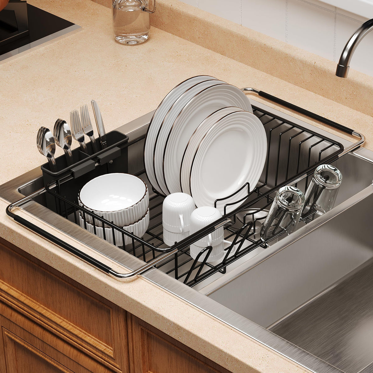 Over the Sink Expandable Dish Drainer Drying Rack In Stainless Steel for Small Kitchen