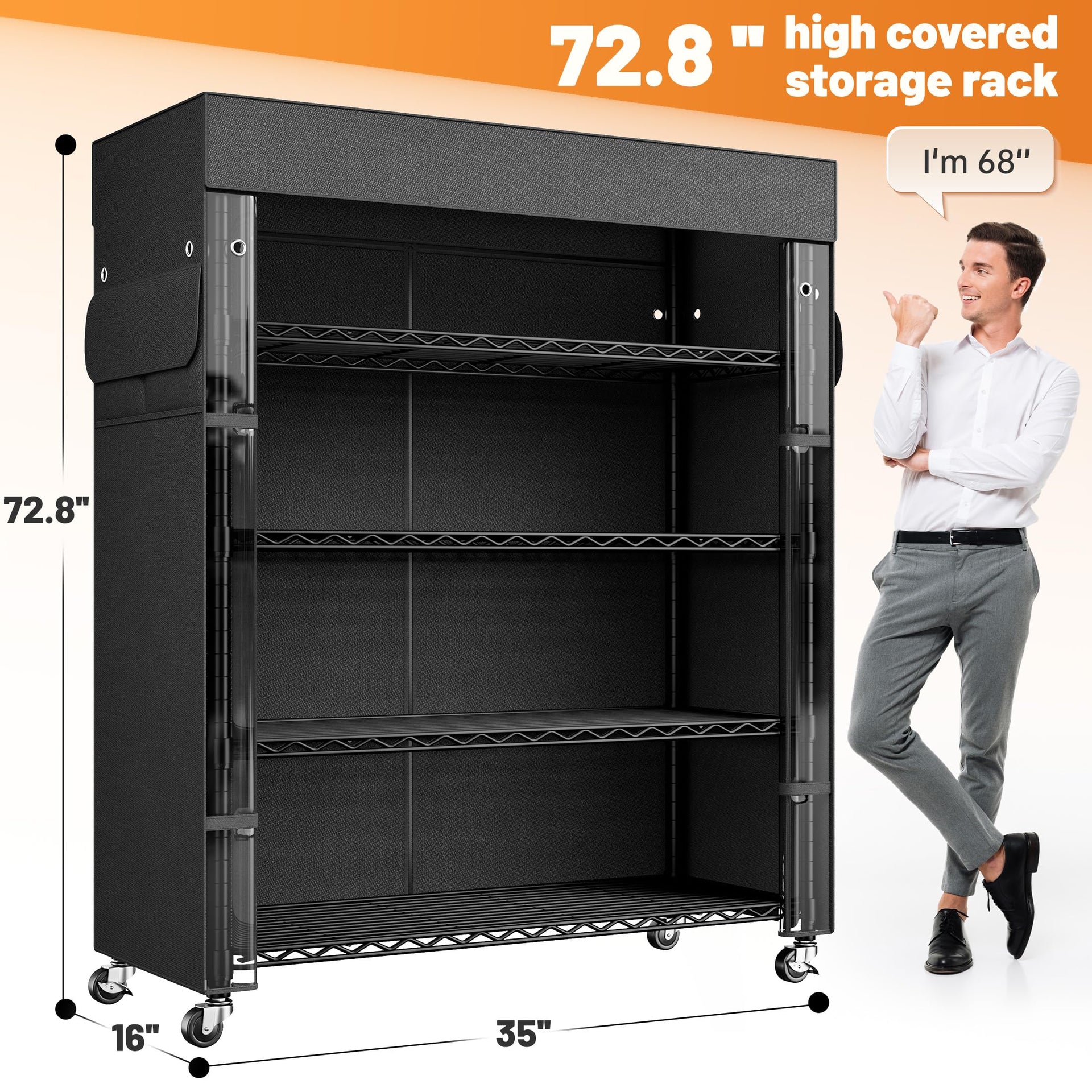 72.8"H 5 Tier Heavy Duty Storage Shelving with Cover & Wheels
