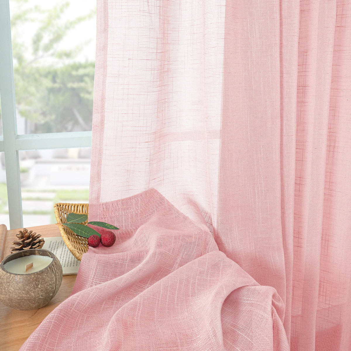 Light Pink Linen Semi Sheer Curtains 63 Inch Length for Living Room (2 Count)