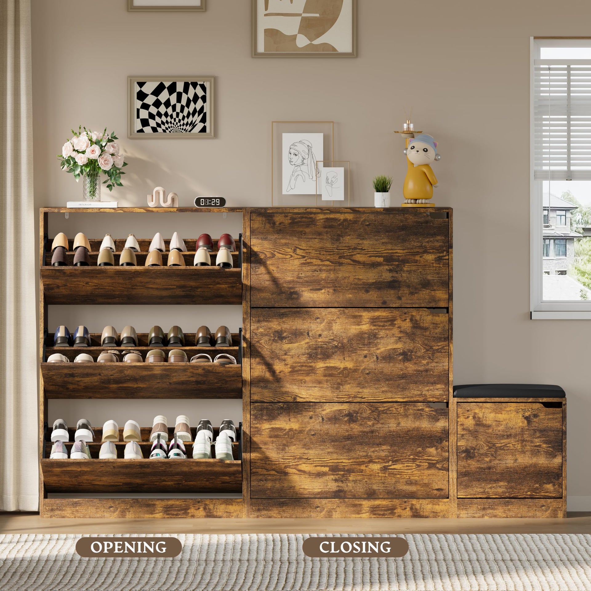 Shoe Cabinet with Bench and 3 Flip Drawers