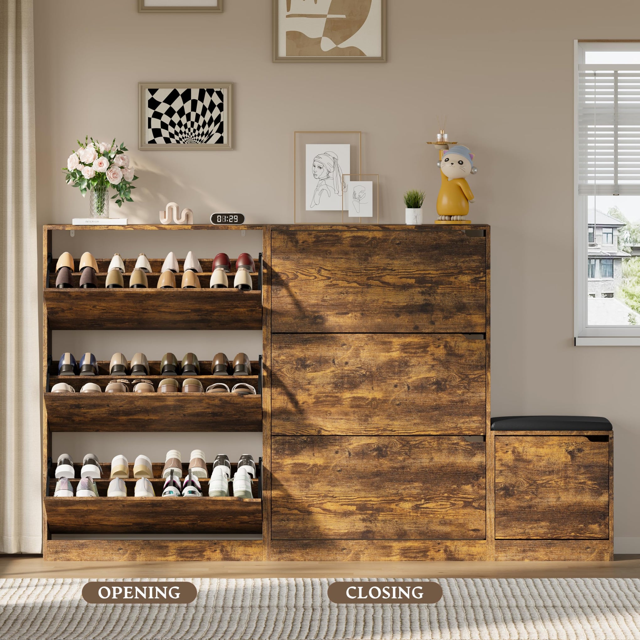 Shoe Cabinet with Bench and 3 Flip Drawers