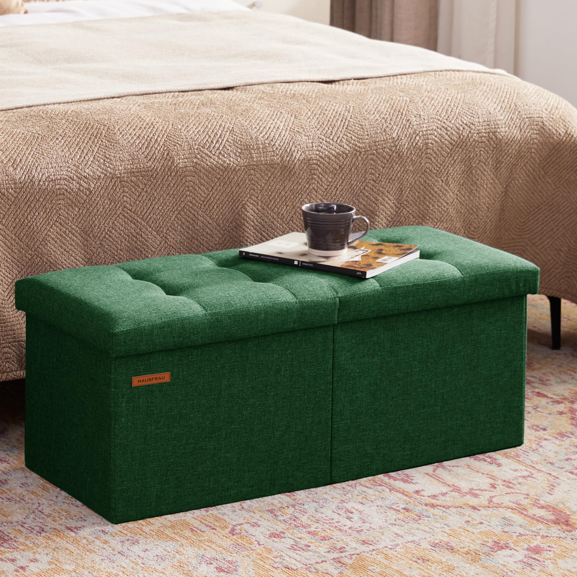 Ottoman with Storage Bench Folding Foot Rest Stool Linen Green