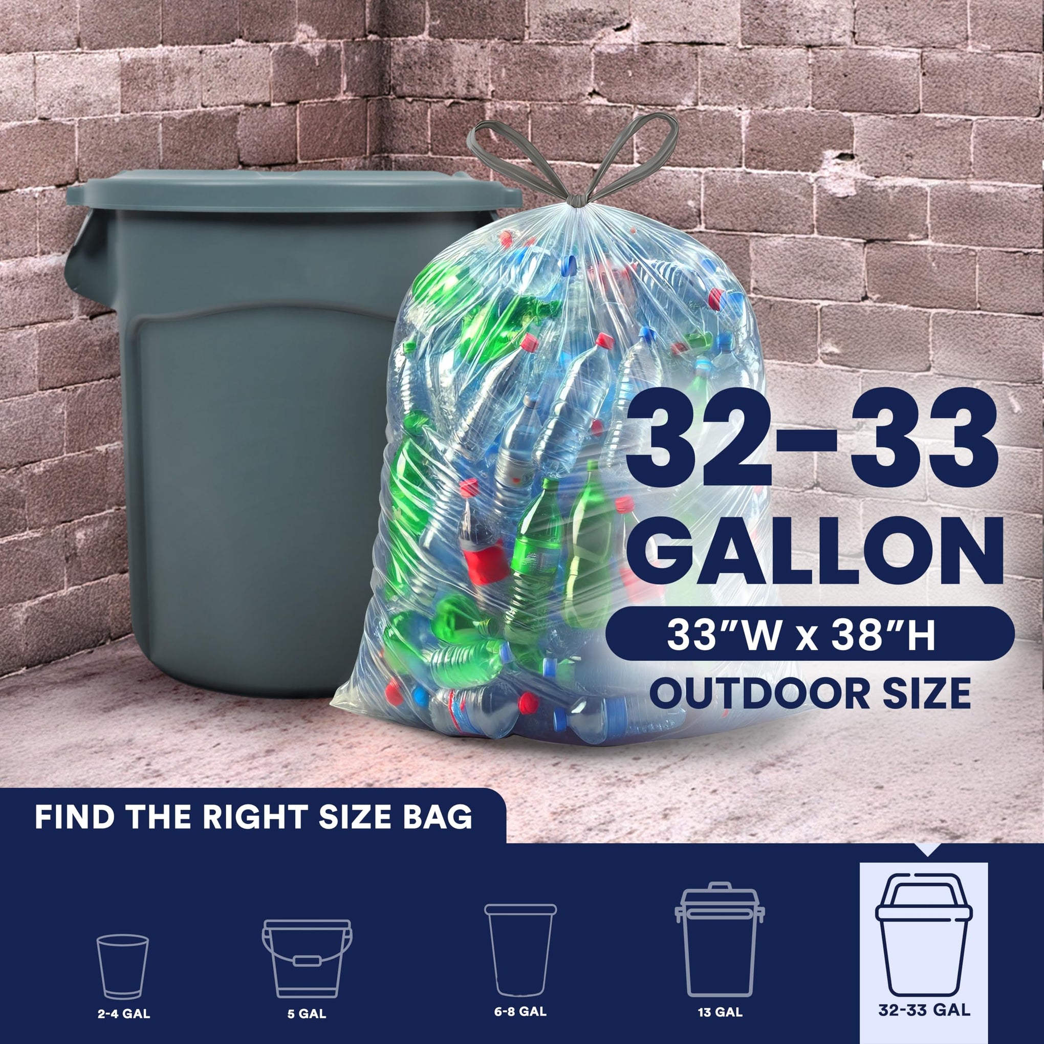 32 33 Gallon Recycling Bags │ 0.9 Mil │ Clear Drawstring Garbage Can Liners │ 33" x 38" (100 Count)
