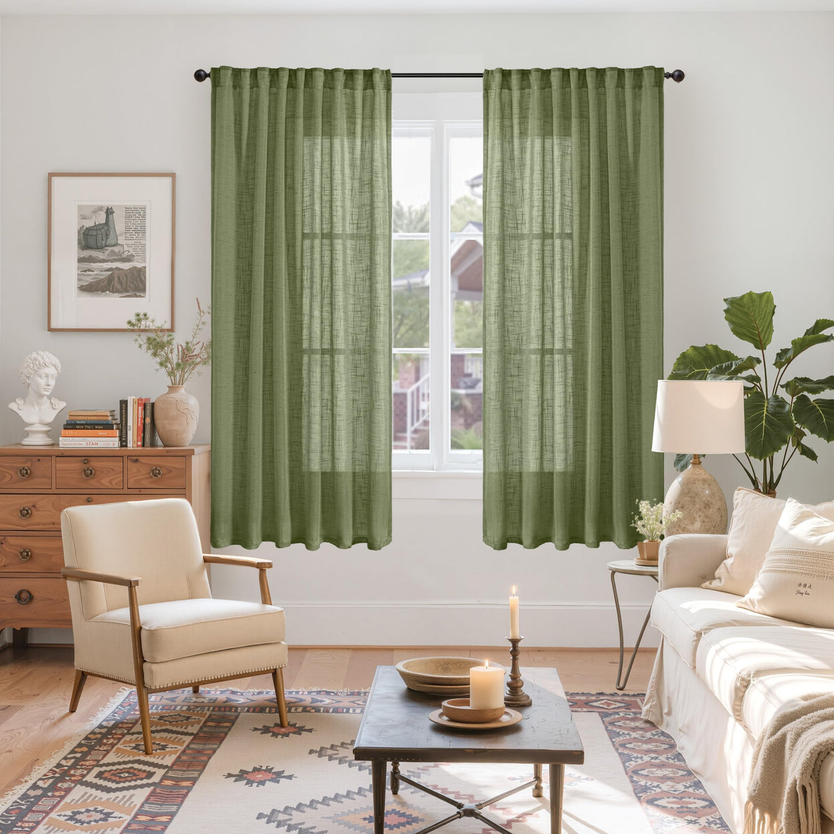 Olive Green Linen Semi Sheer Curtains 63 Inch Length (2 Count)
