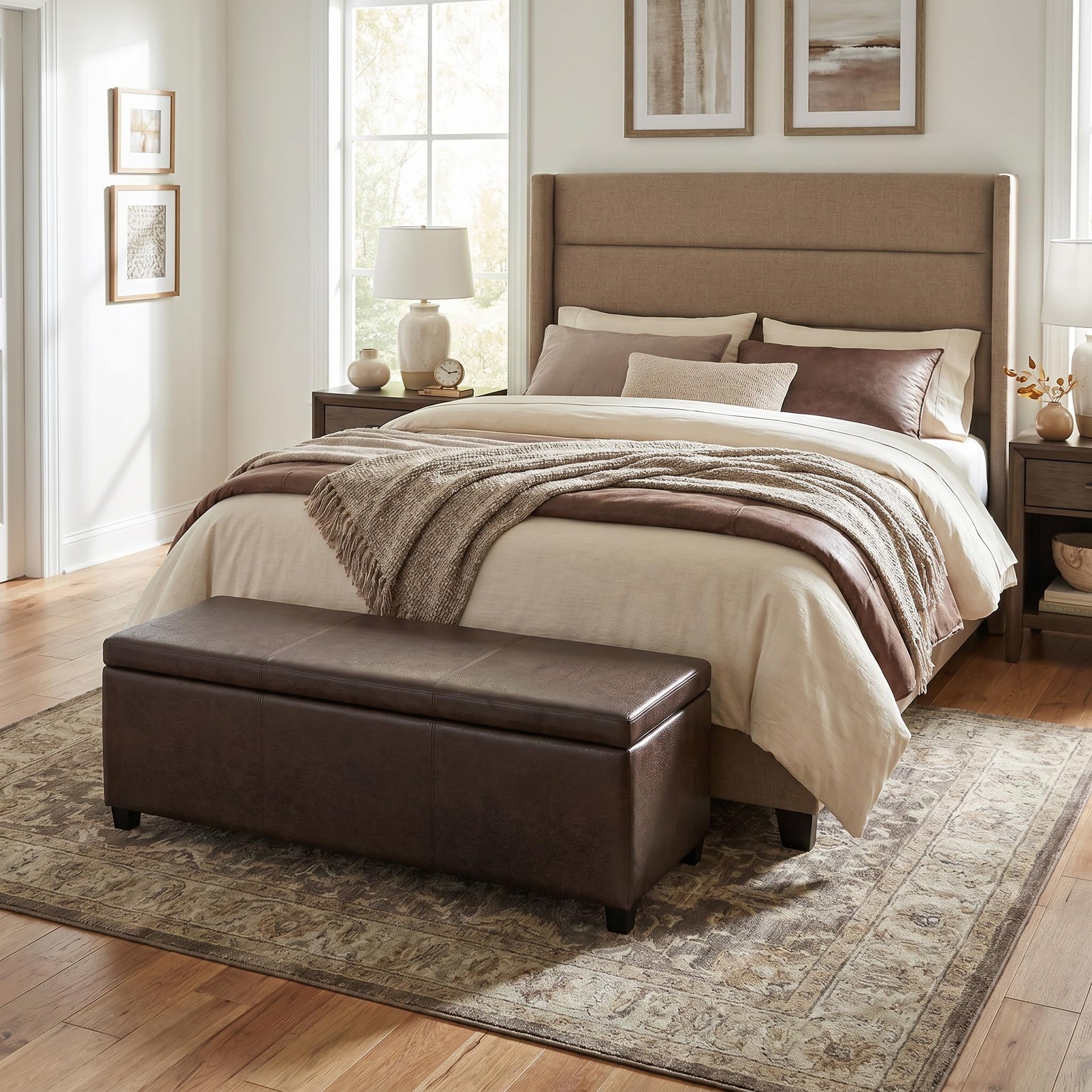 Avalon 48" Wide Vegan Leather Storage Ottoman in Brown