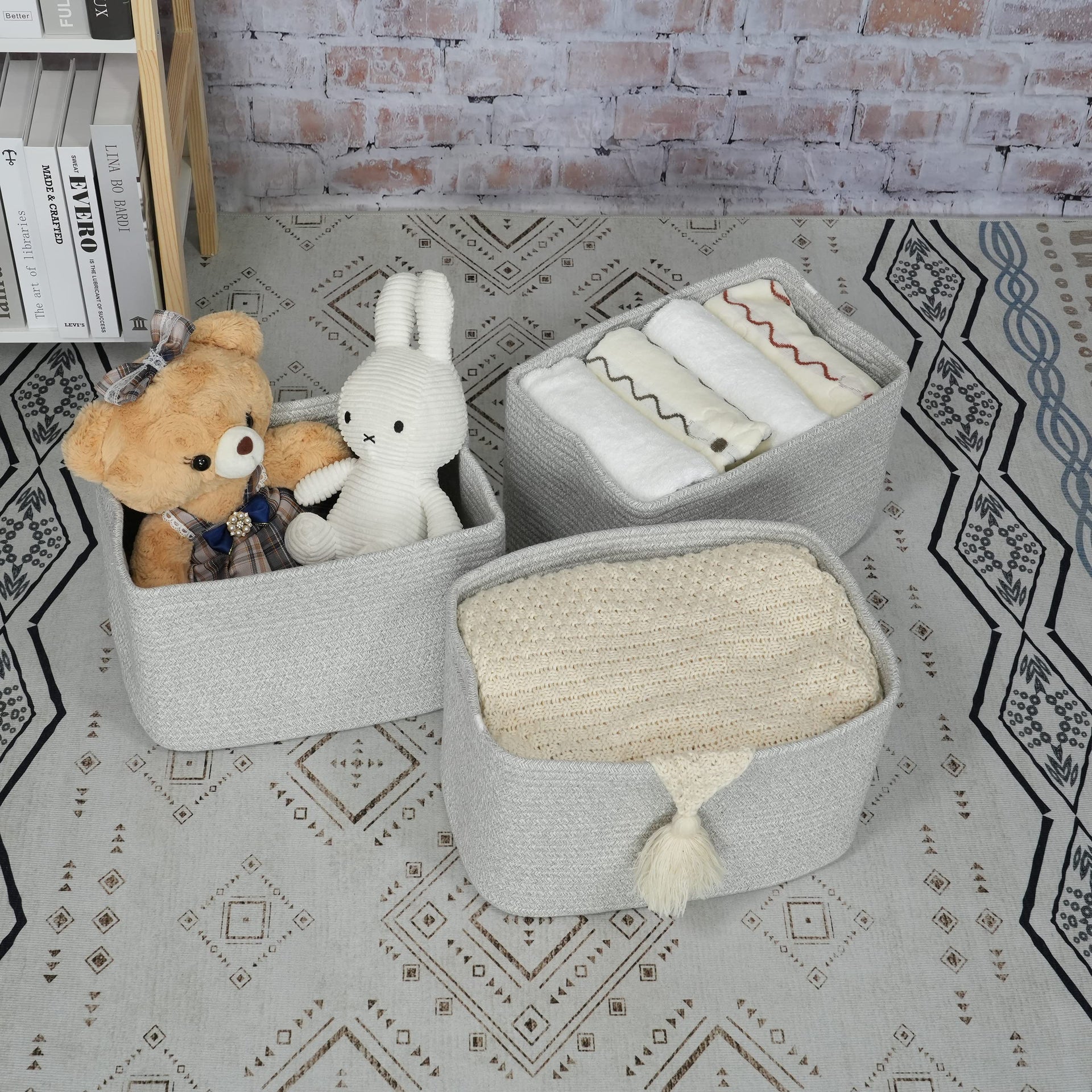 Woven Cotton Rope Storage Baskets 15x10x9.3" 3 Pack Grey