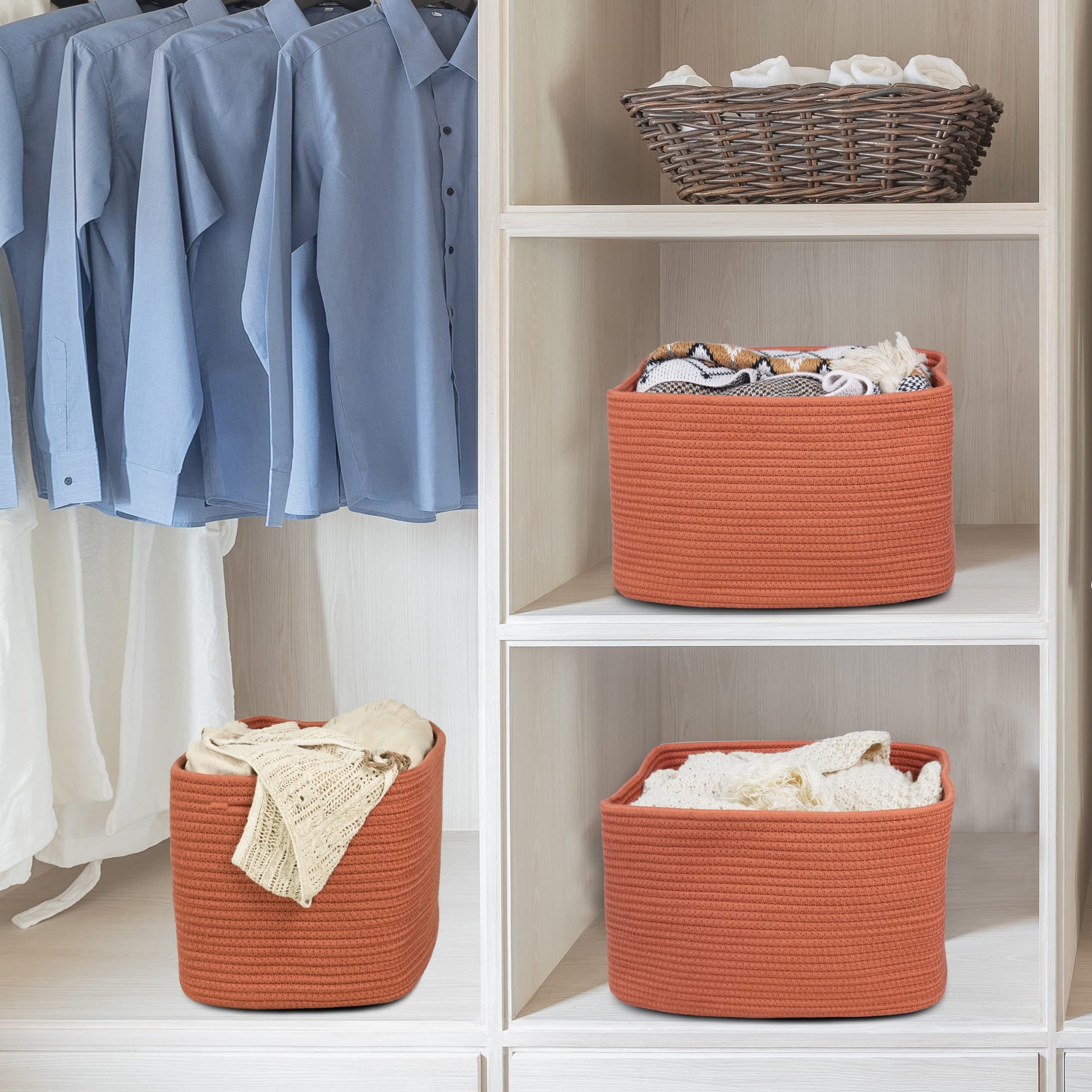 Woven Cotton Rope Storage Baskets 15x10x9.3" 3 Pack Rust