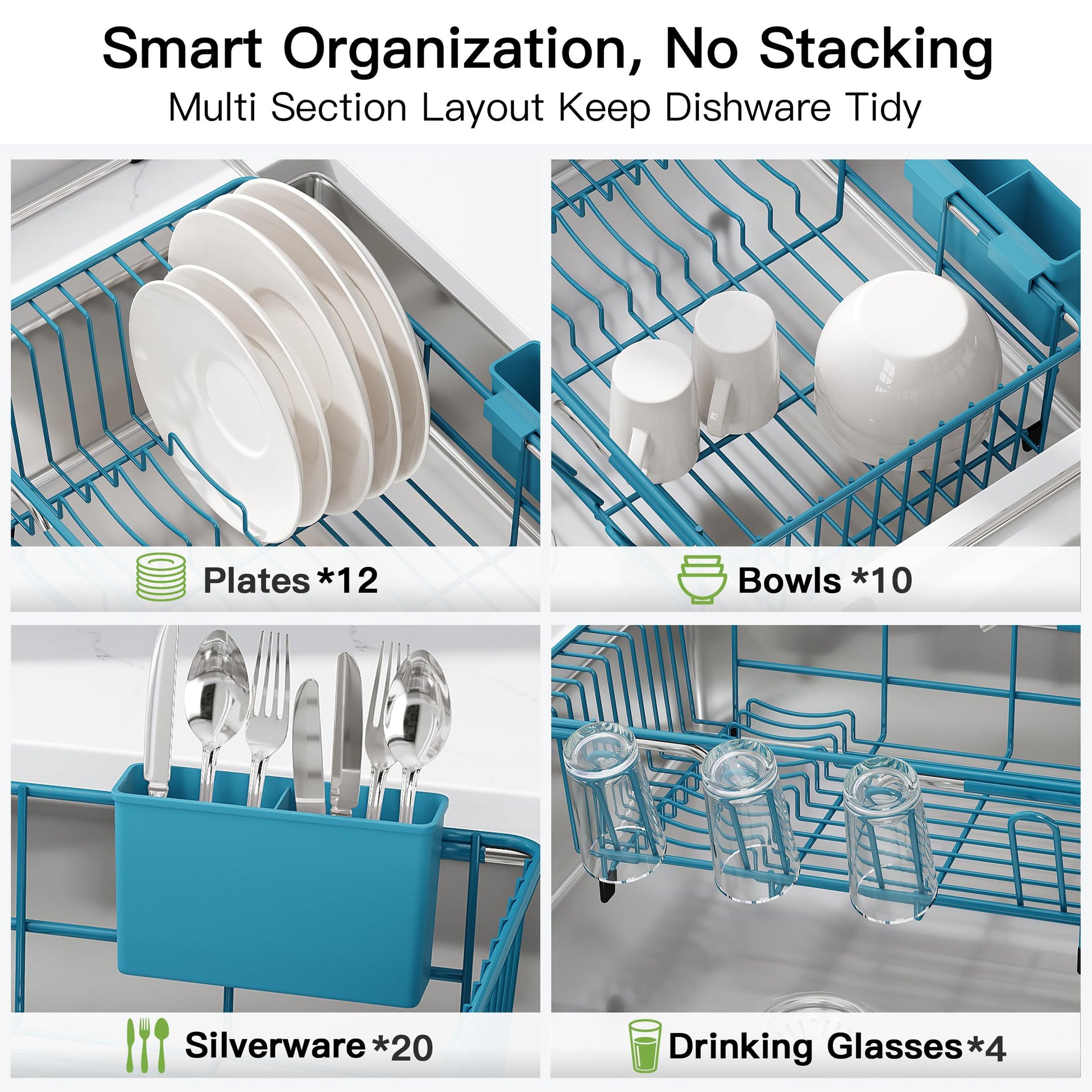 Blue Dish Drying Rack in Sink with Drainboard and Utensil Holder