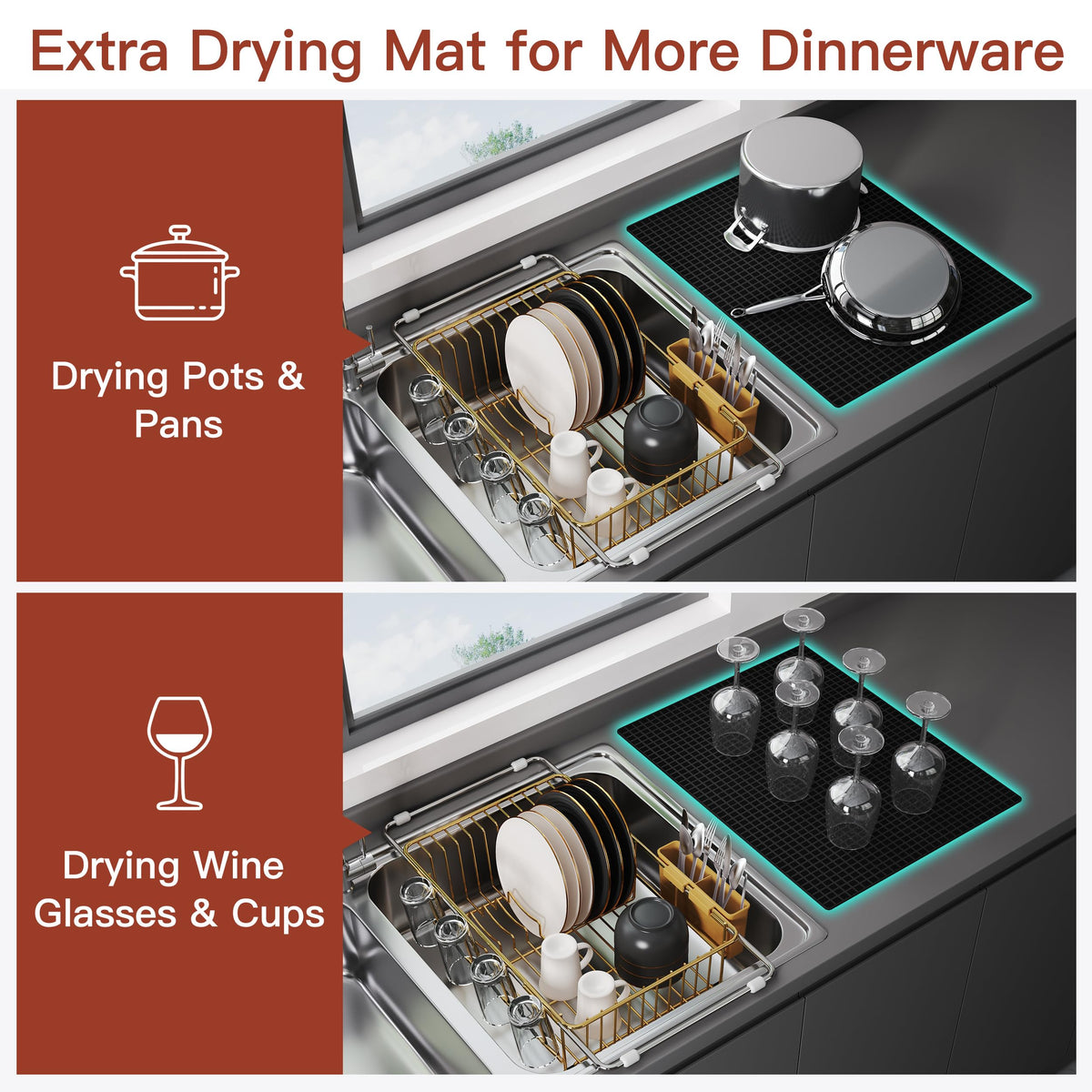 Gold Dish Drying Rack in Sink with Mat