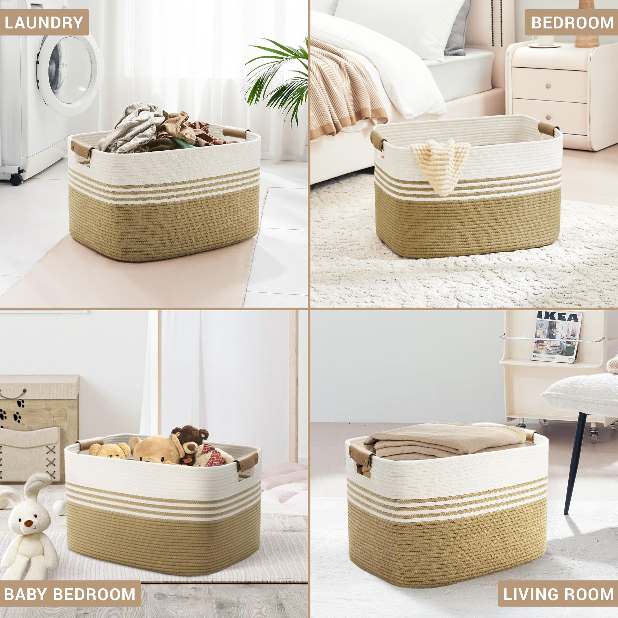 86L Large Woven Laundry Basket Hamper with Leather Handles - ModHome Supplies