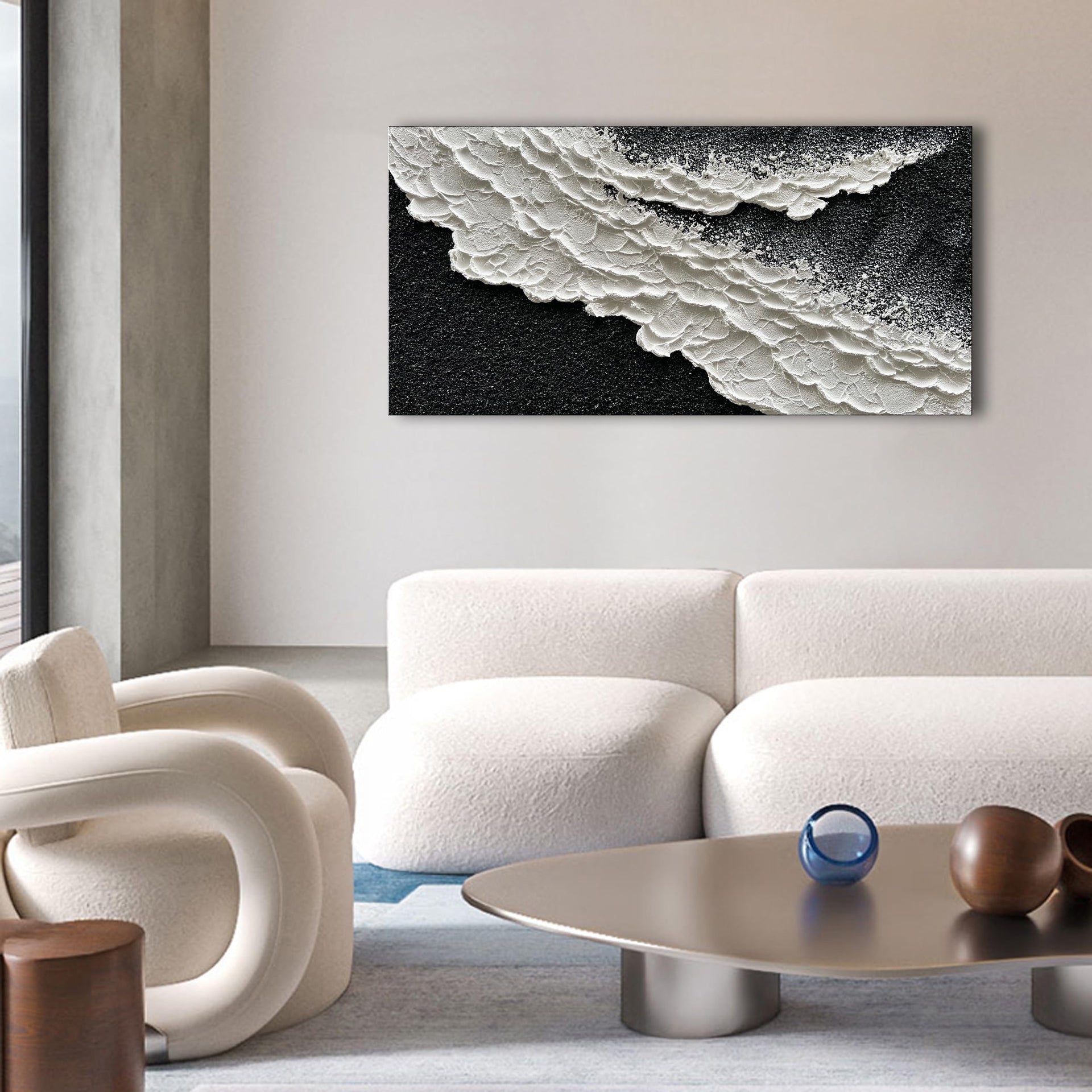 24x48 Inch Hand Painted 3D Ocean Wave Landscape Oil Painting Black and White Abstract Canvas Art Mural Family Wall Decoration Art