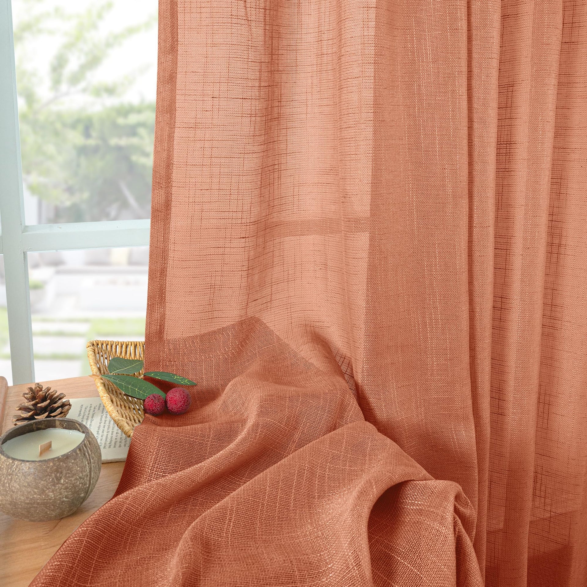 Small Linen Semi Sheer Curtains 24 Inch Long for Cafe Kitchen Window (2 Count)