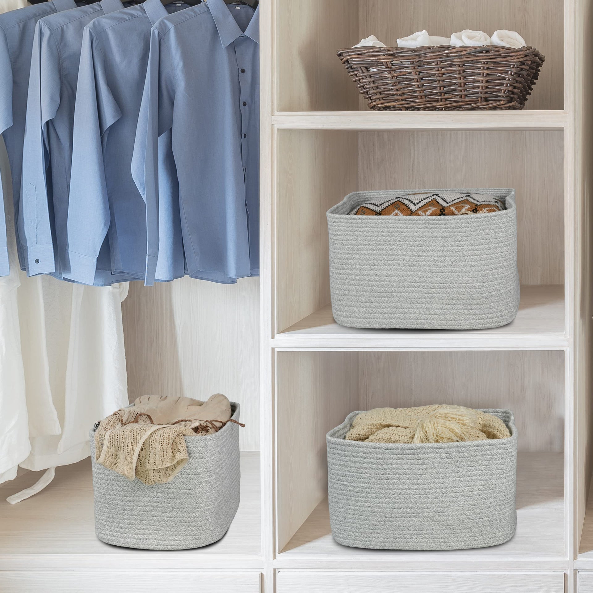 Woven Cotton Rope Storage Baskets 15x10x9.3" 3 Pack Grey