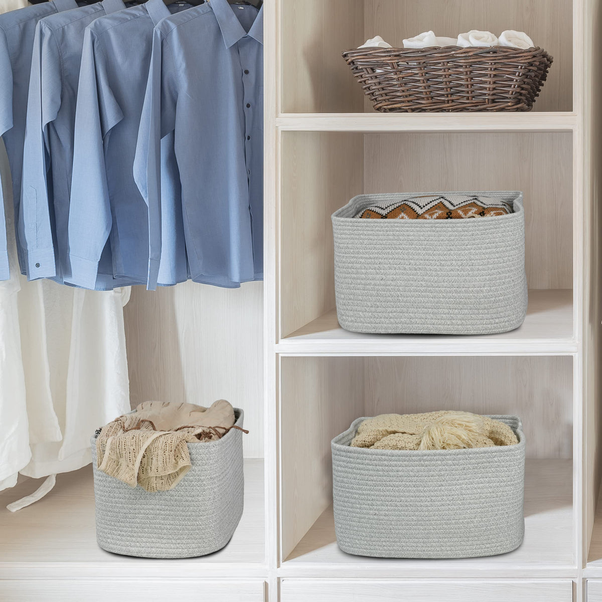 Woven Cotton Rope Storage Baskets 15x10x9.3" 3 Pack Grey