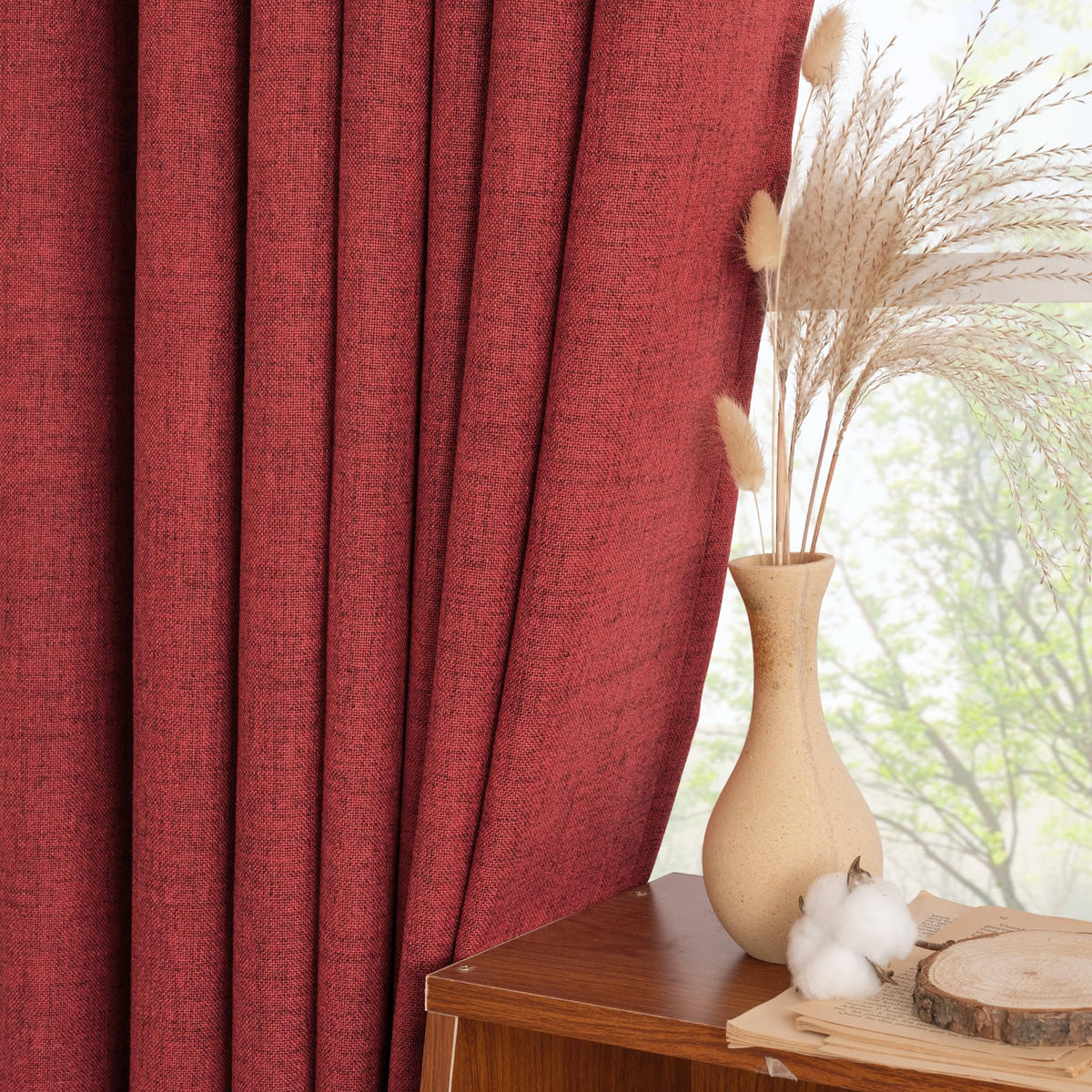Burgundy Red Linen Curtains for Living Room 72 Inches Long (2 Count)
