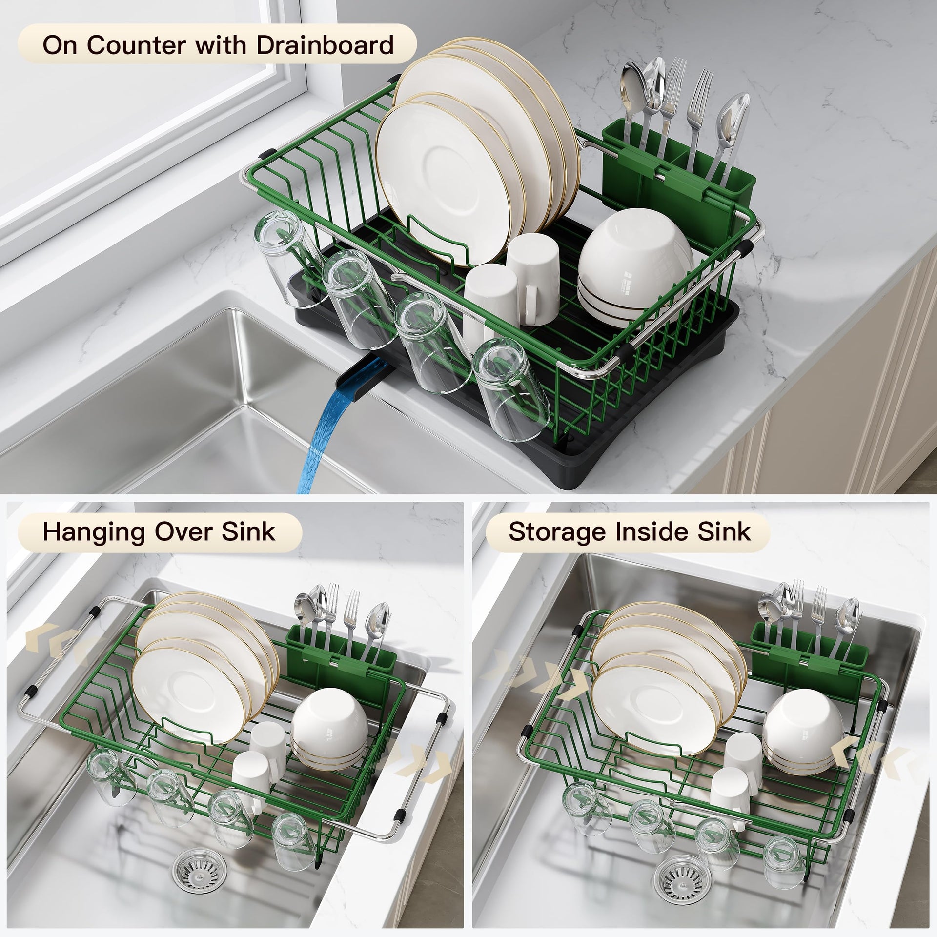 Green Dish Drying Rack in Sink with Drainboard and Utensil Holder