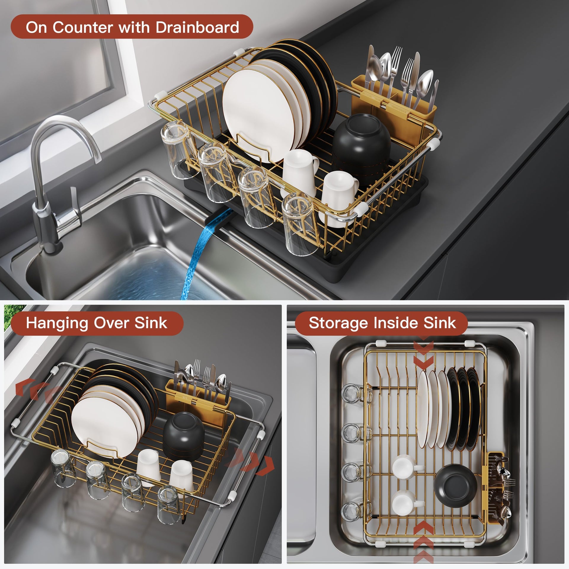 Gold Dish Drying Rack in Sink with Drainboard and Utensil Holder