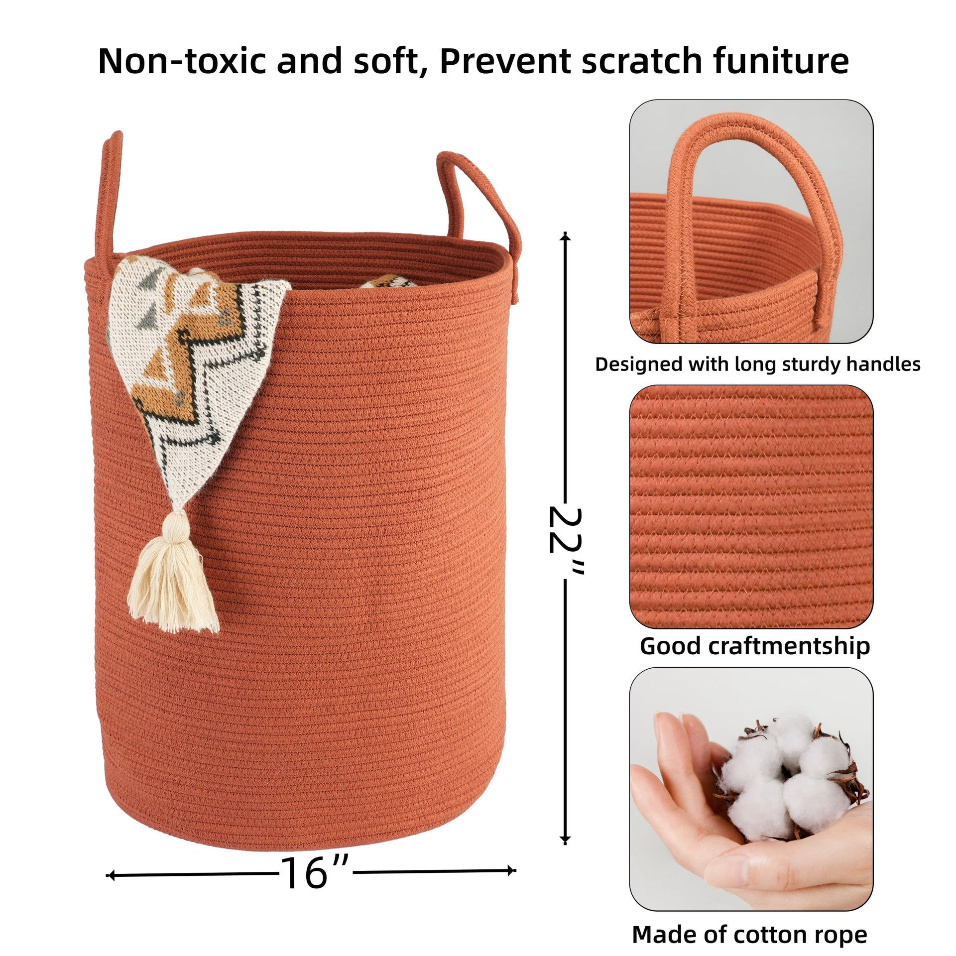 Cotton Rope Laundry Basket Hamper for Clothes Large Rust Red