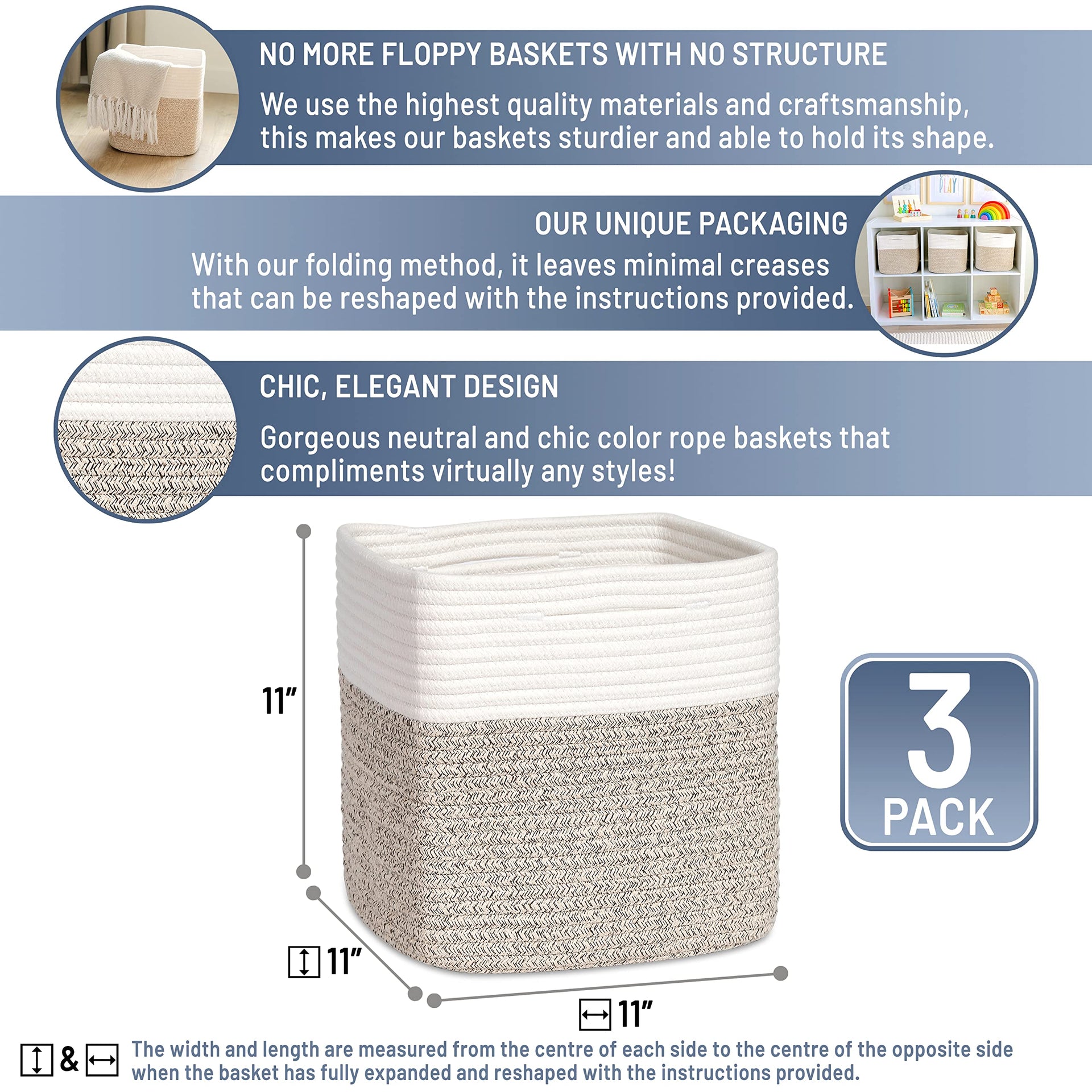 Storage Cubes 11 Inch Cotton Rope Woven Baskets for Organizing (3 Count)