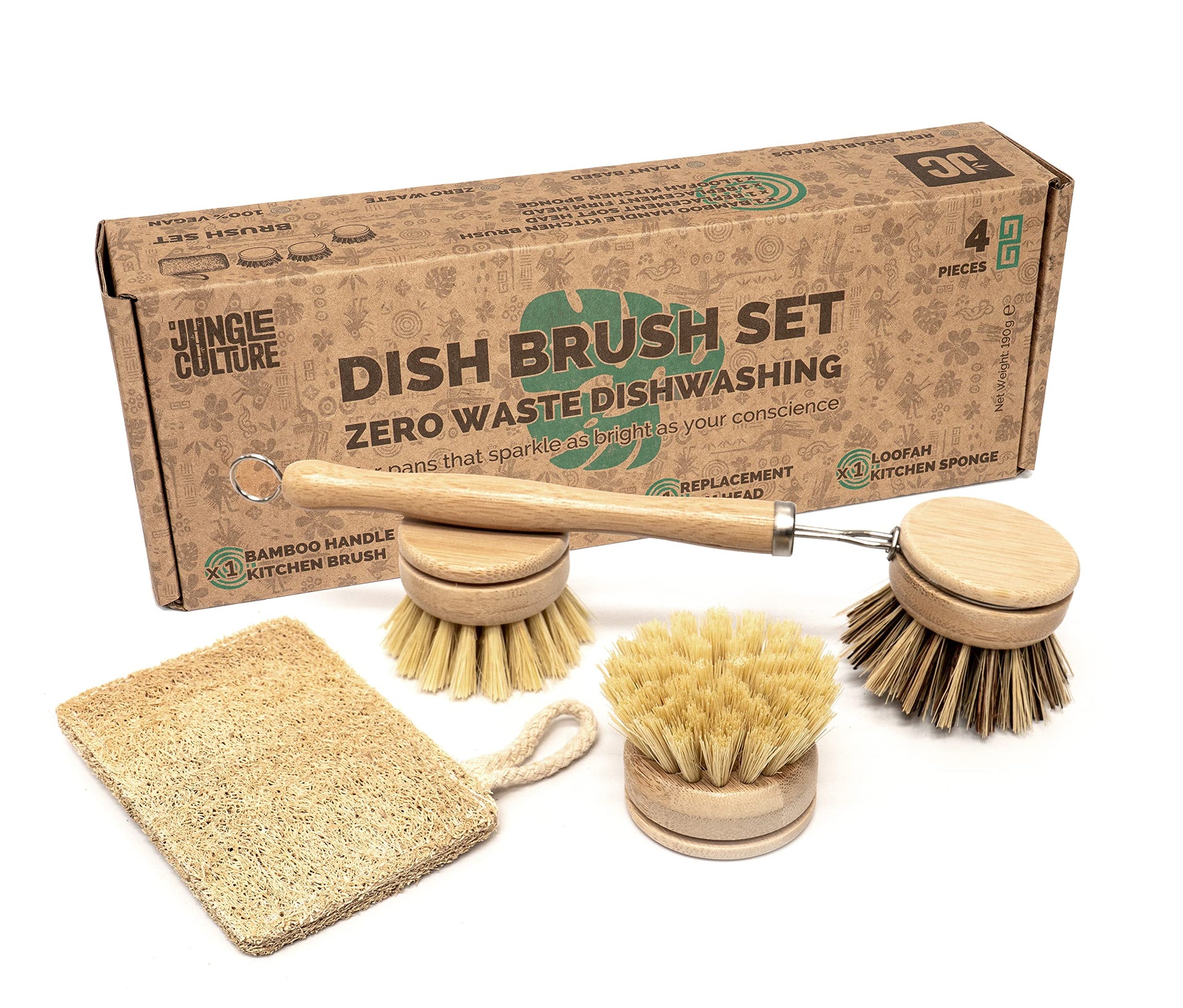 Bamboo Dish Brush • 3 Swap Heads & Loofah Sponge • 4 Piece (4 Count)