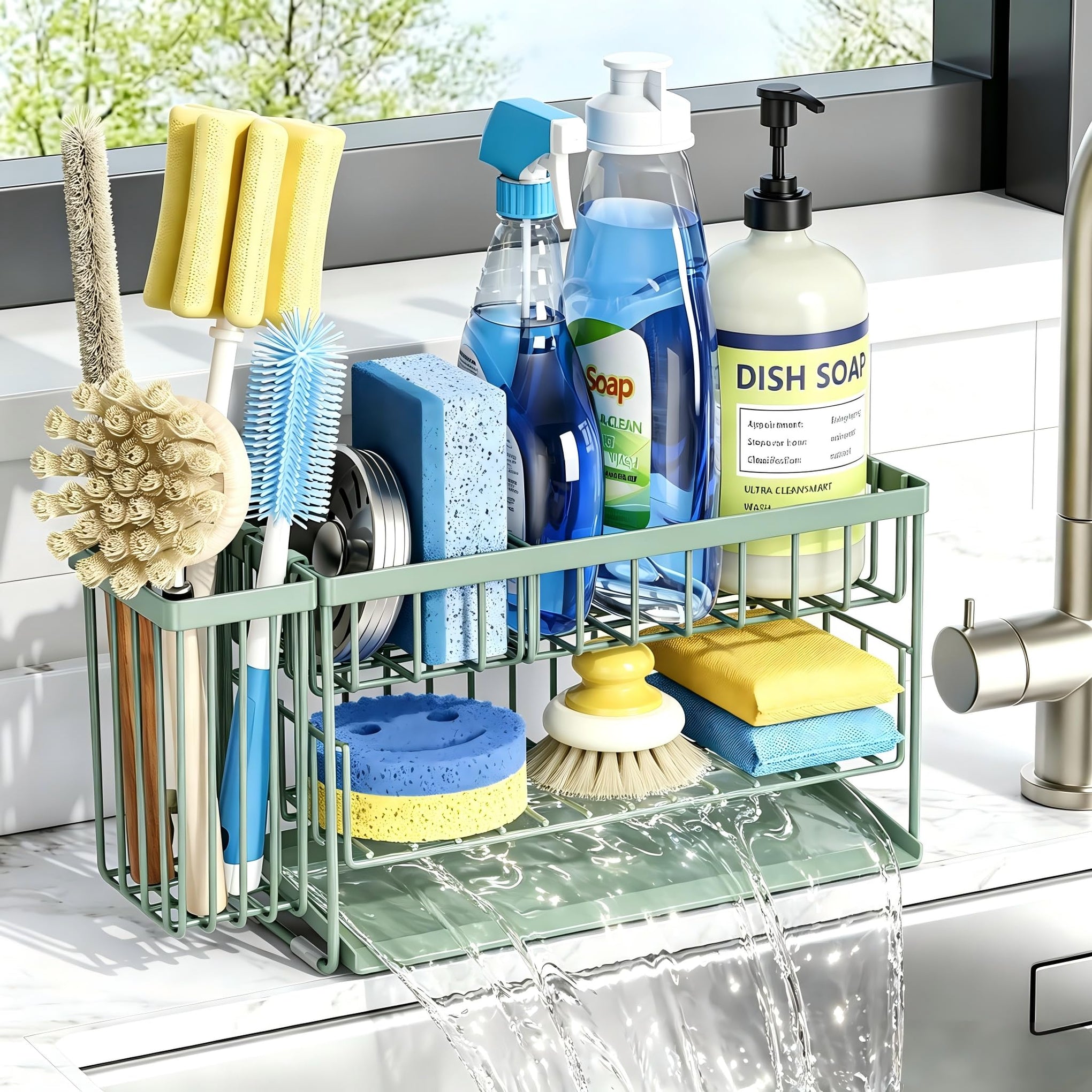 Sage Green 2 Tier Kitchen Sink Caddy Organzier Rack with Flexible Dish Brush Holder