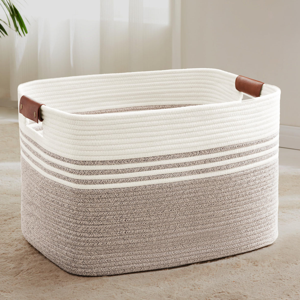 86L Large Woven Laundry Basket Hamper with Leather Handles - ModHome Supplies
