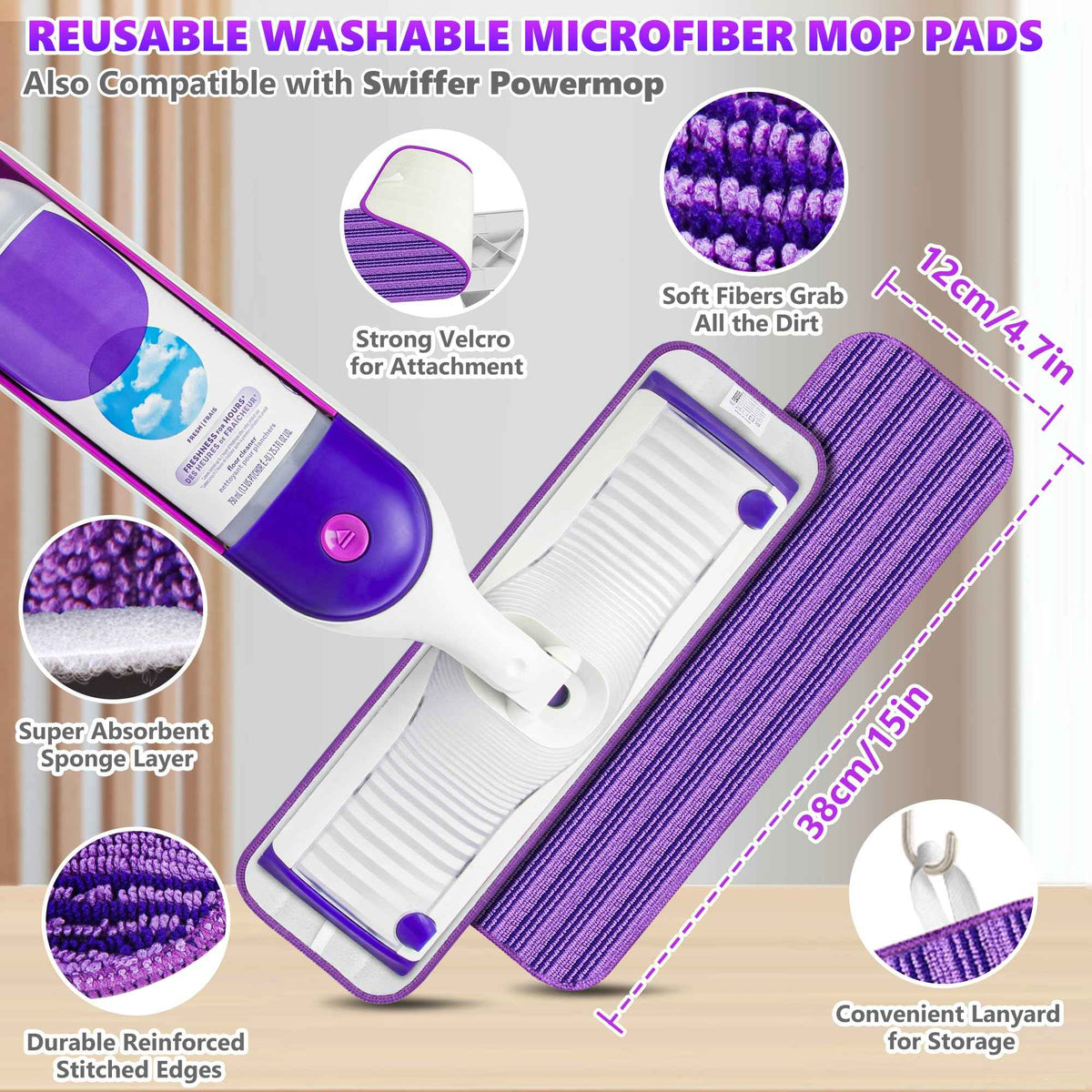 Microfiber Spray Mops for Floor Cleaning Wet Dry Use for Wood Laminate Tile (3 Count)