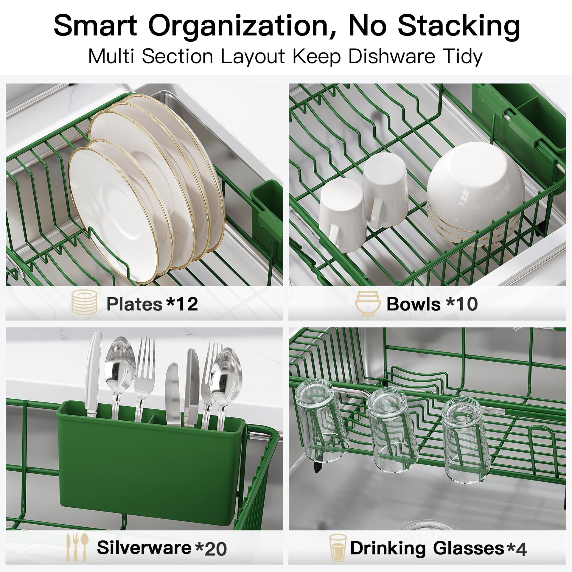 Green Dish Drying Rack in Sink with Drainboard and Utensil Holder