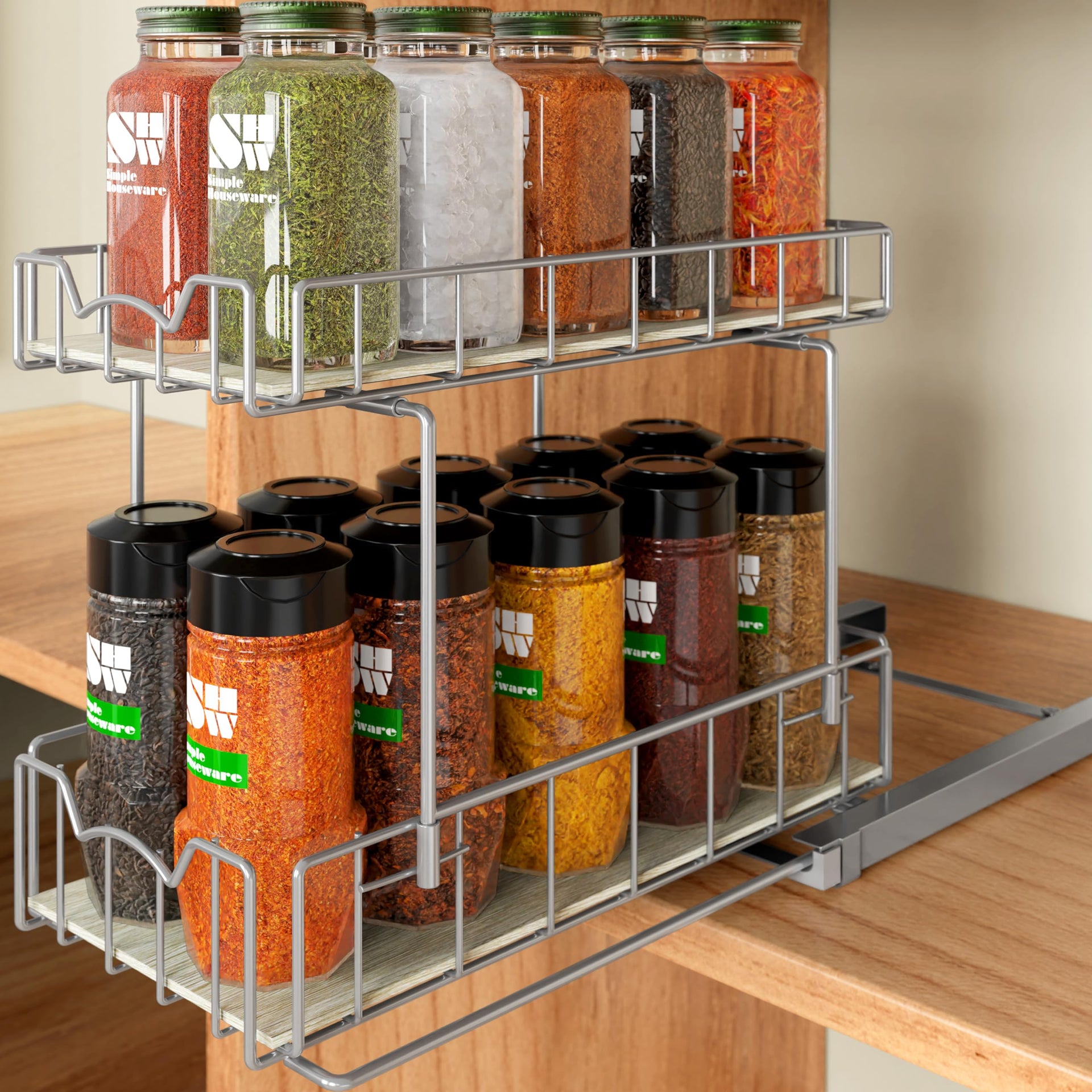 2 Tier Spice Rack Slide Out Wire Basket Drawer