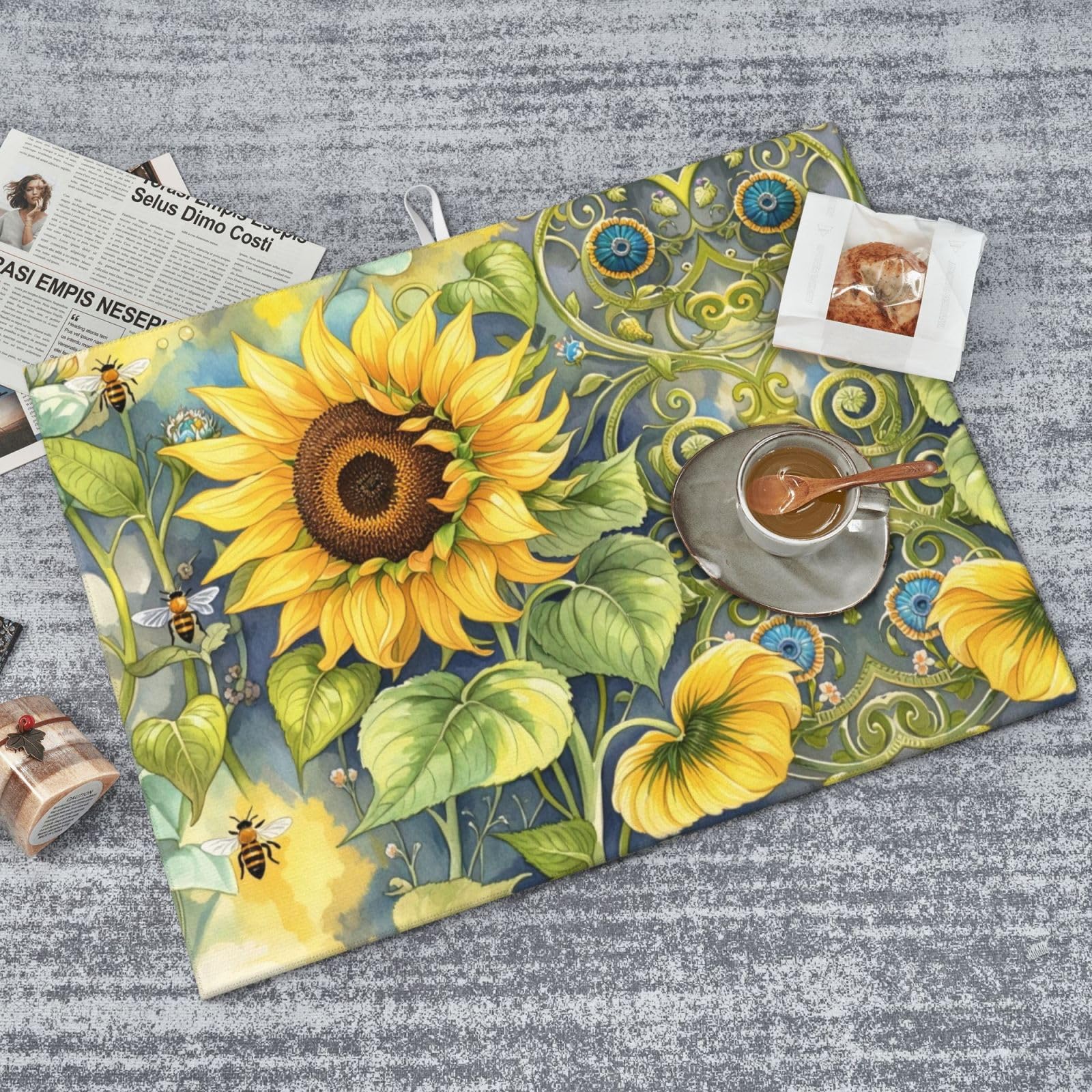 Sunflower Bee Dish Drying Mat Highly Absorbent Double