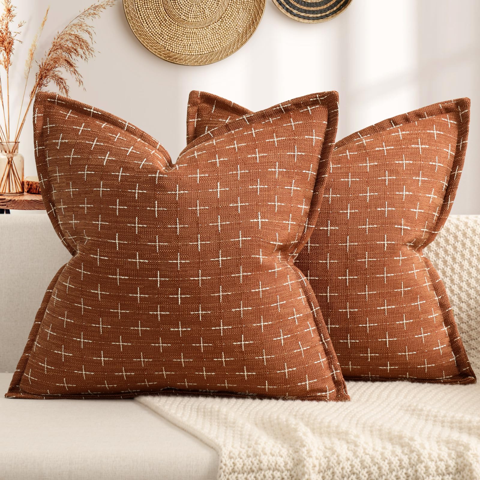 Fall Pillow Covers 24x24 Set of 2 Soft Polyester Textured Rust Pillow Covers with Stylish Flange Edge Cozy Farmhouse Throw Pillows for Couch Bed Sofa Living Room Fall Decor (2 Count)
