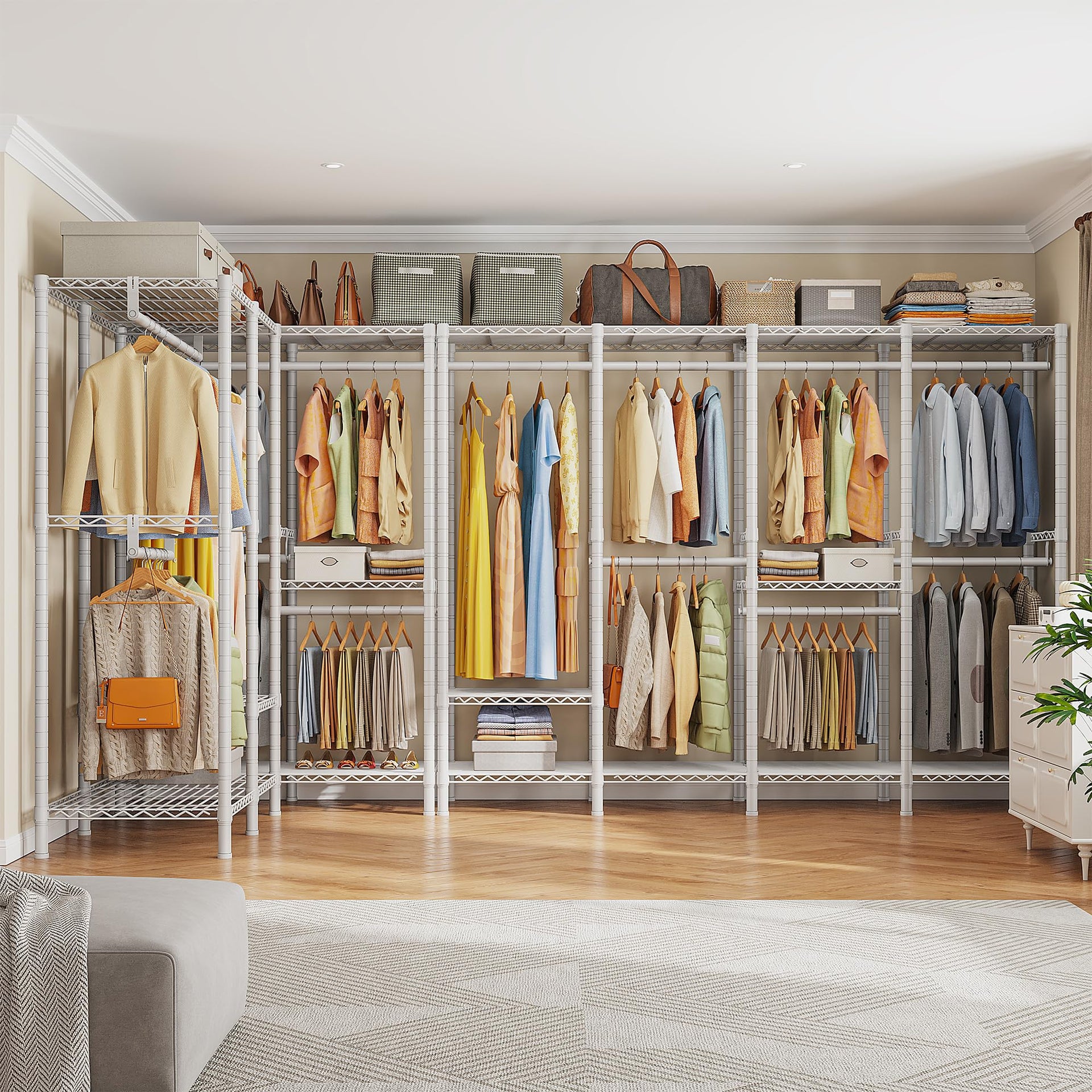 76.9" H Clothes Rack Heavy Duty Loads 1100 LBS Metal Clothing Racks for Hanging Clothes Adjustable Garment Rack White