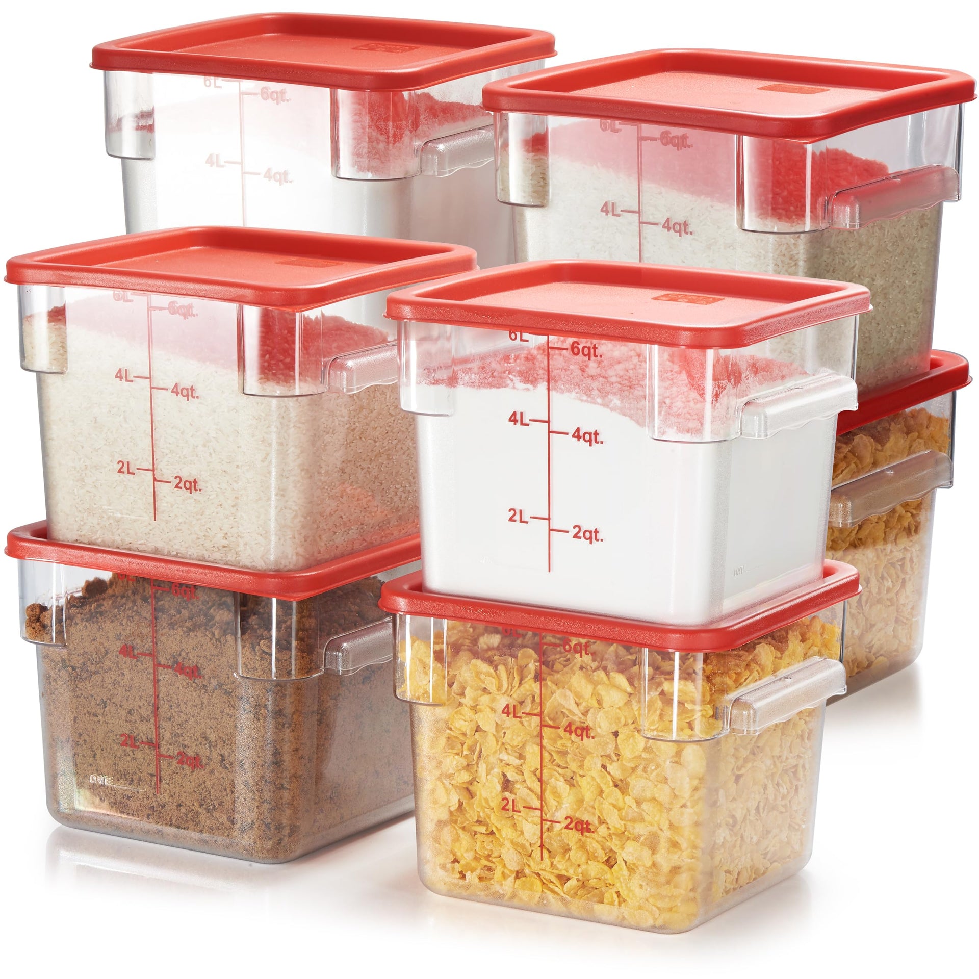 8 Pack 6 Qt NSF Clear Polycarbonate Food Storage Containers with Red Lids (8 Count)