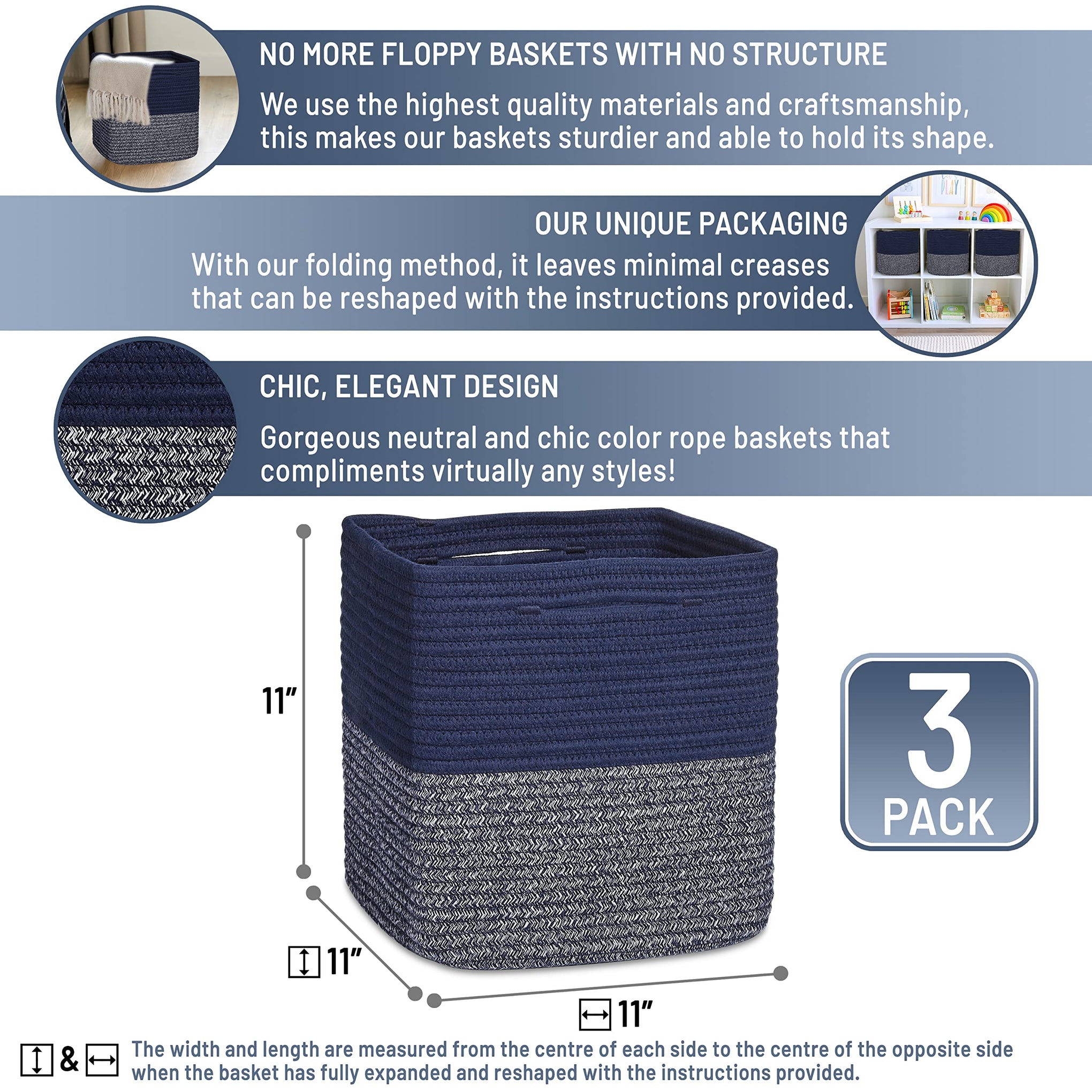 Storage Cubes 11 Inch Cotton Rope Woven Baskets for Organizing (3 Count)