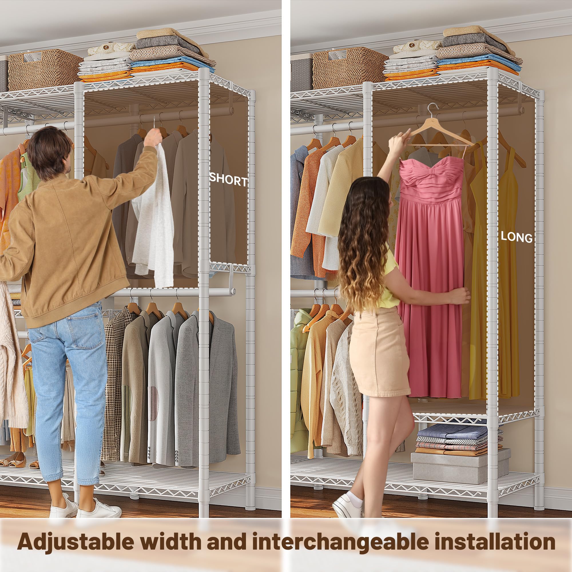 76.9" H Clothes Rack Heavy Duty Loads 1100 LBS Metal Clothing Racks for Hanging Clothes Adjustable Garment Rack White