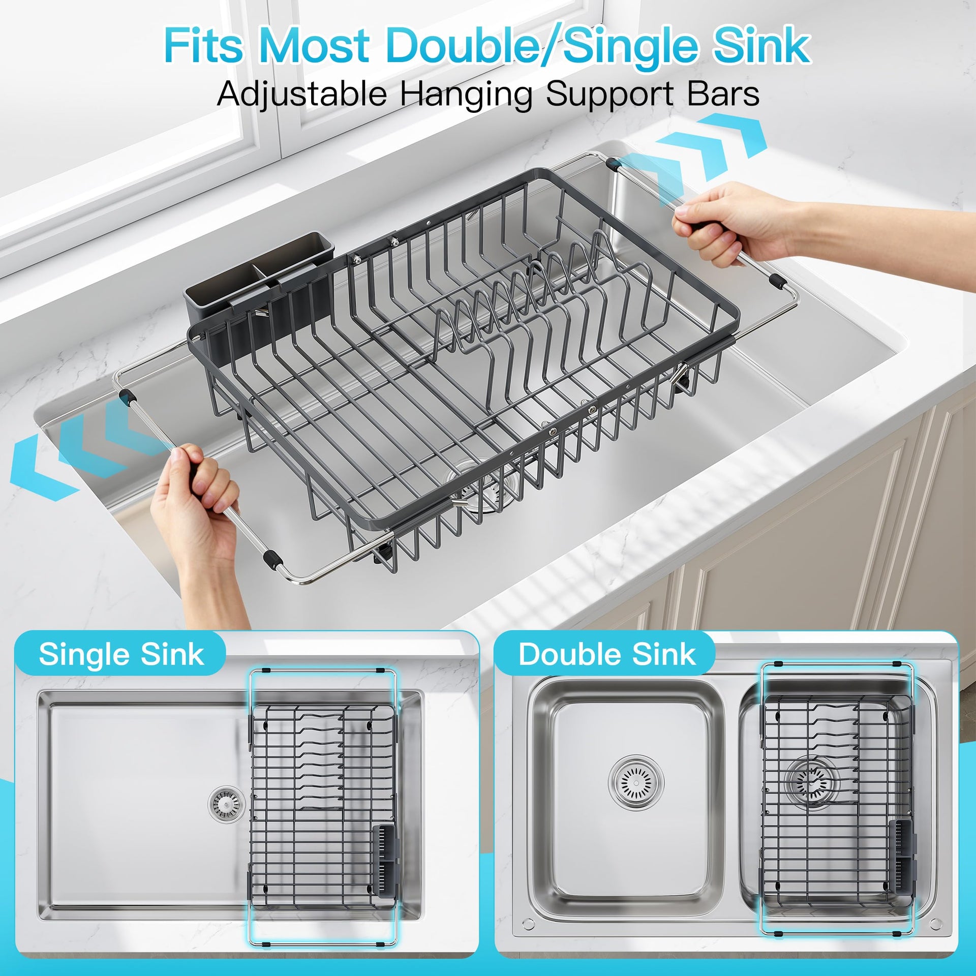 Gray Dish Drying Rack Over the Sink with Utensil Holder