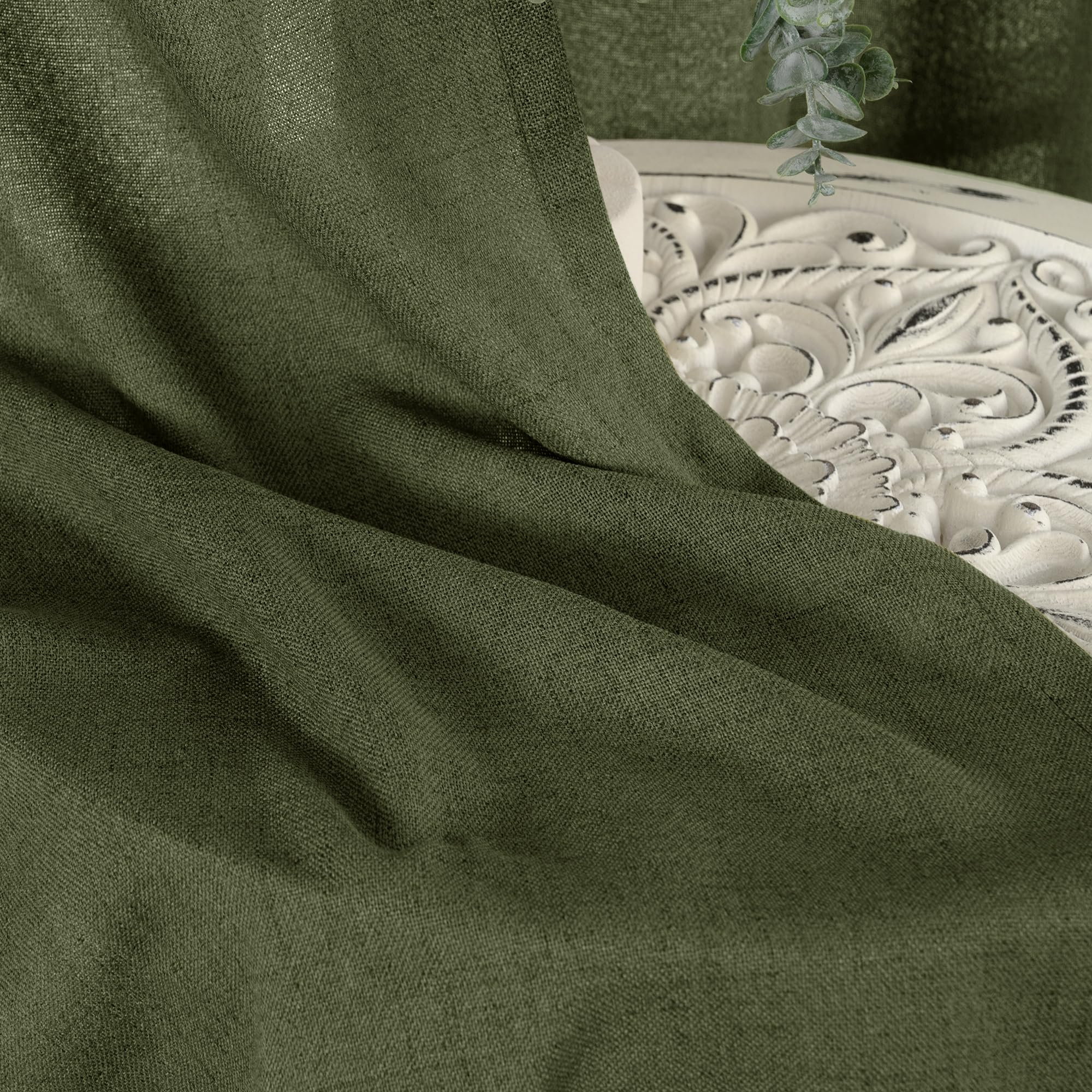 Olive Green Linen Kitchen Curtains 36 Inch Length (2 Count)