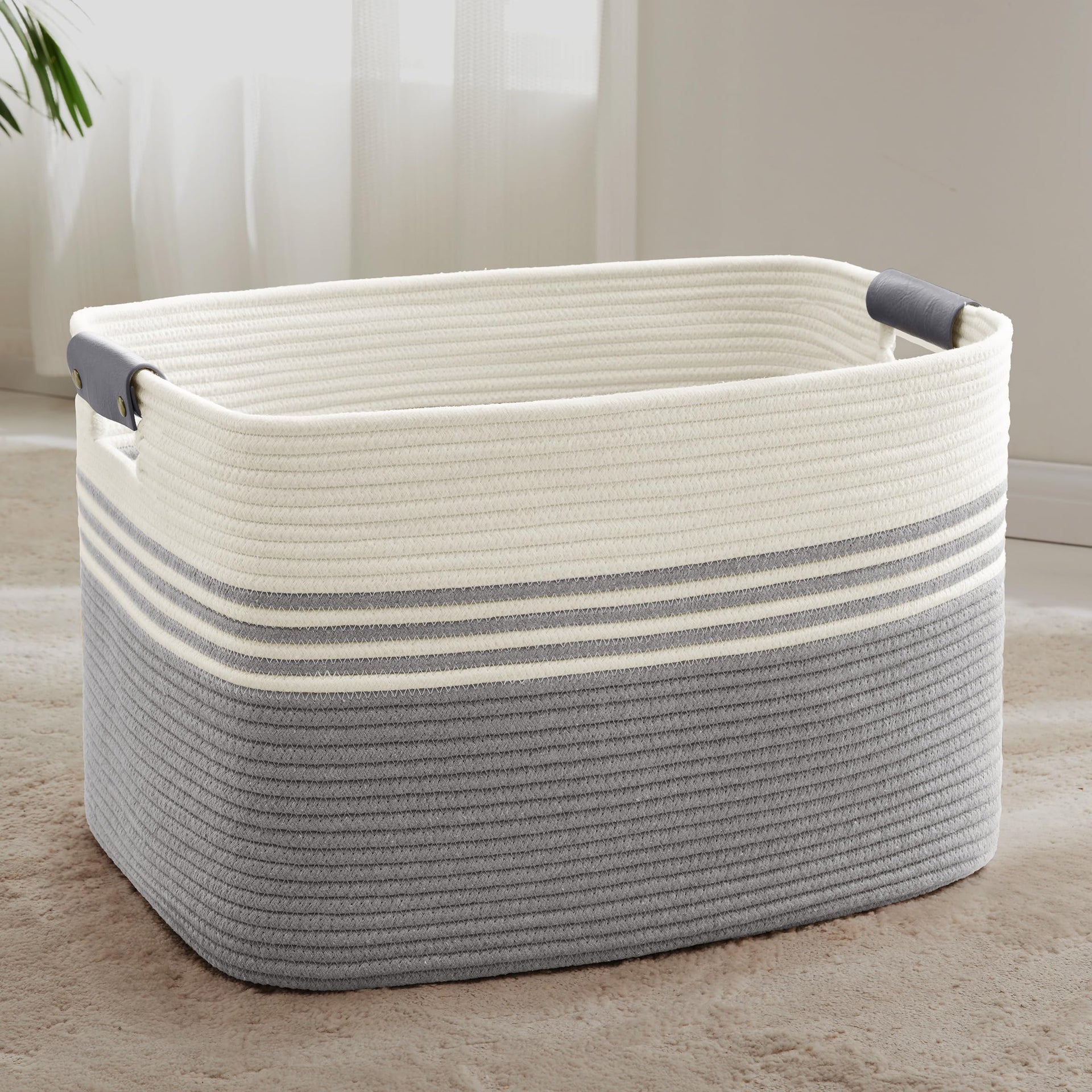 86L Large Woven Laundry Basket Hamper with Leather Handles - ModHome Supplies